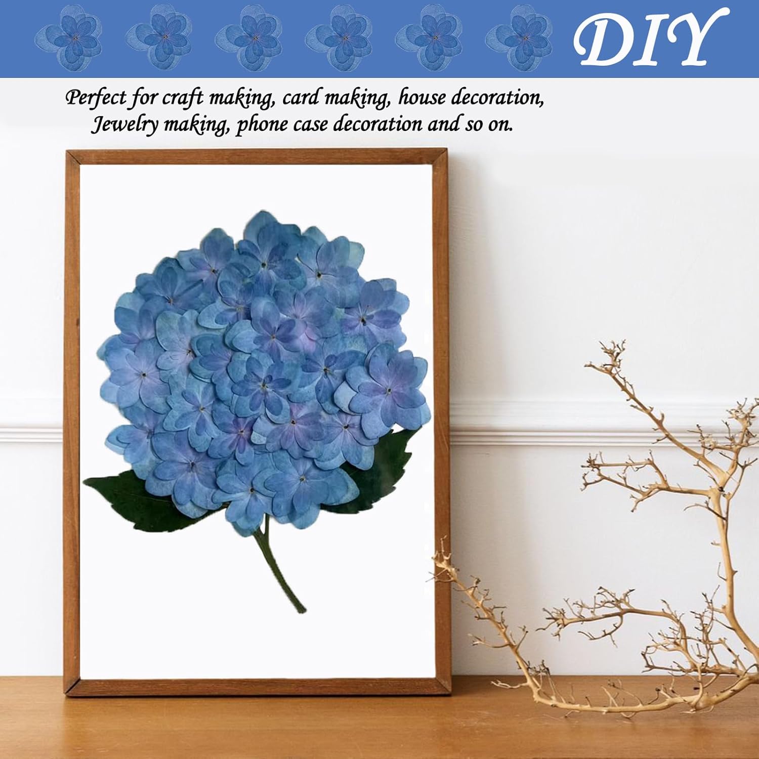 Blue Dried Flowers Double Hydrangea Resin Crafts Embellishments 60PCS