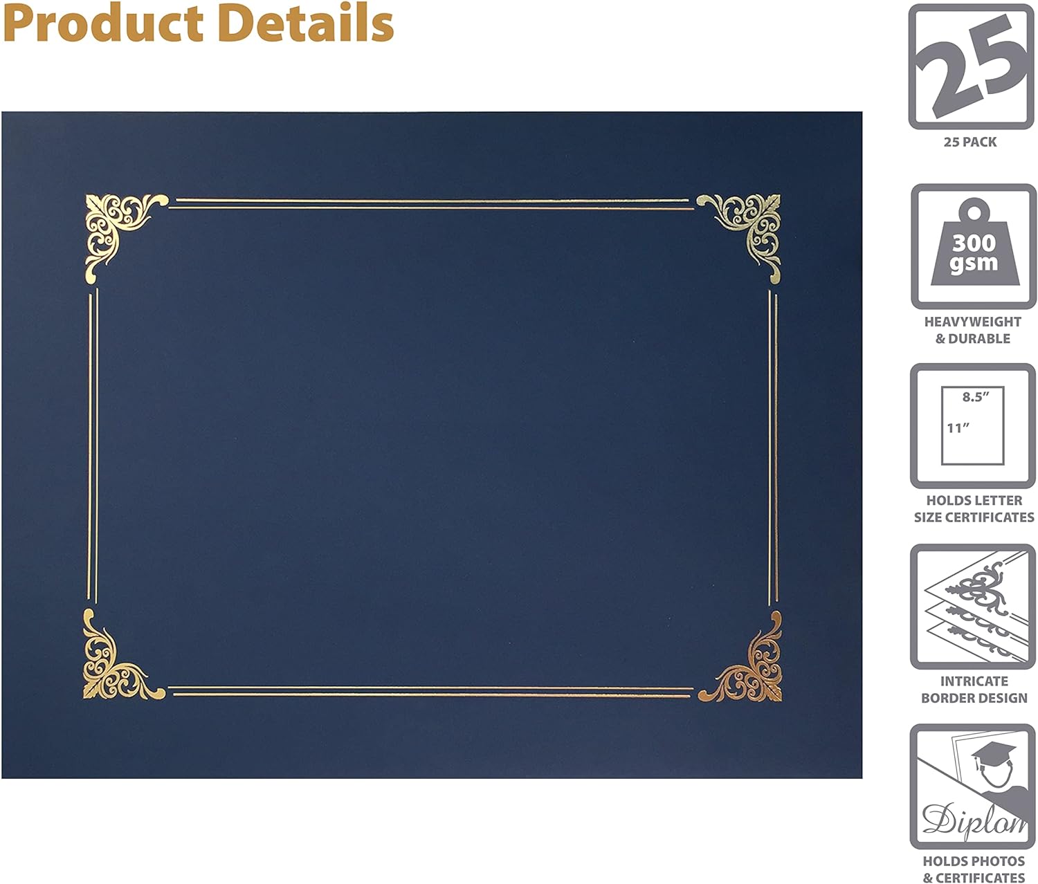 25 Pack Navy Blue Certificate Holders with Gold Foil Border