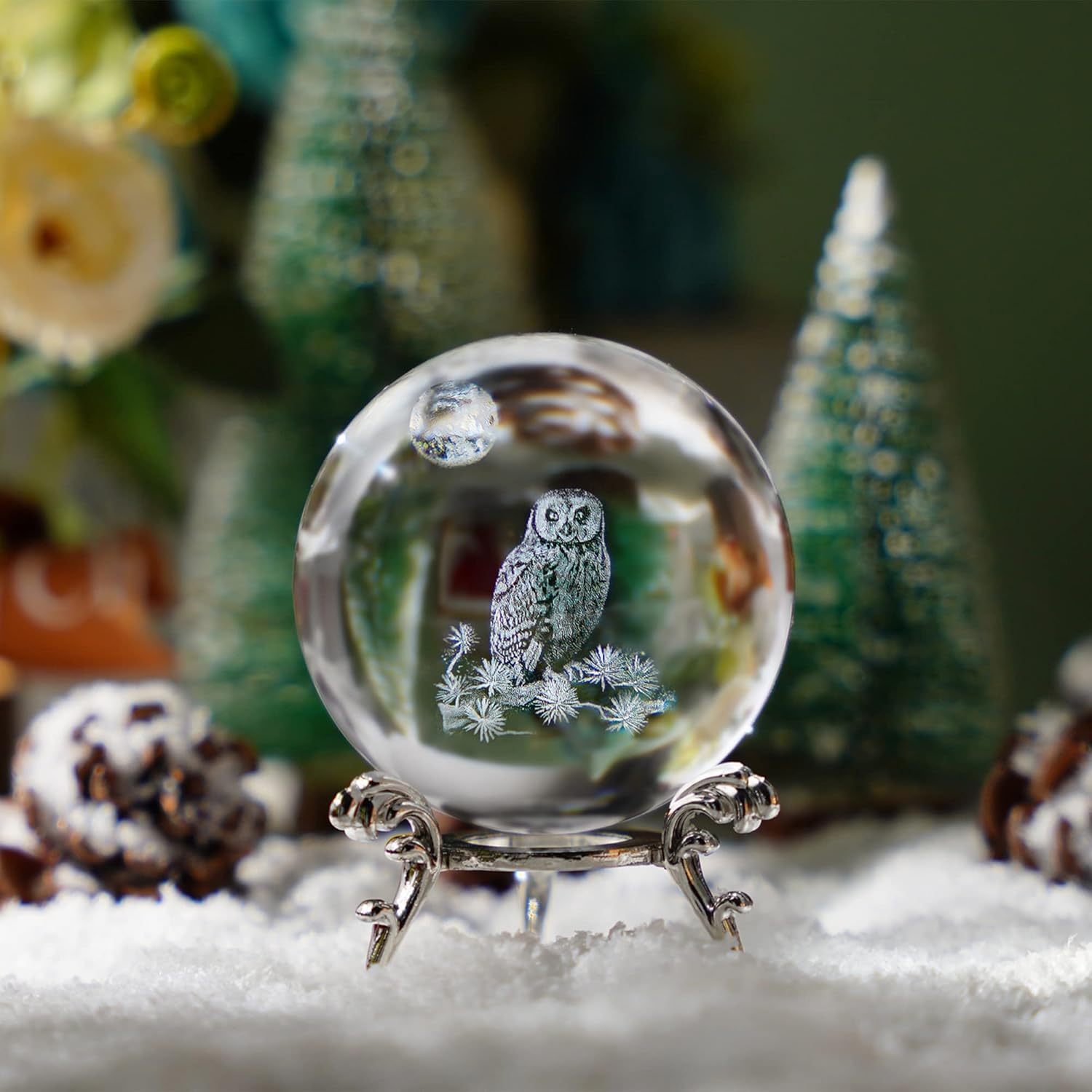 HDCRYSTALGIFTS 60mm 3D Laser Owl Crystal Ball Paperweight with Stand