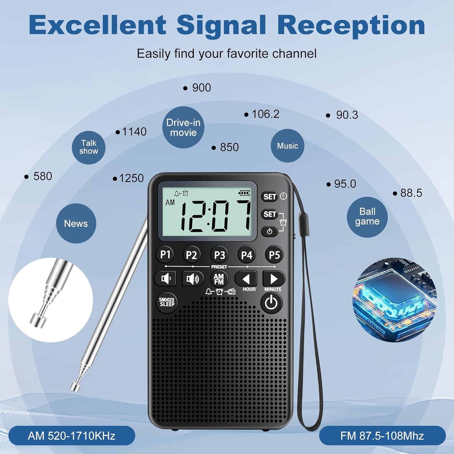 RunningByte Portable AM FM Radio with LCD Screen and Alarm Clock