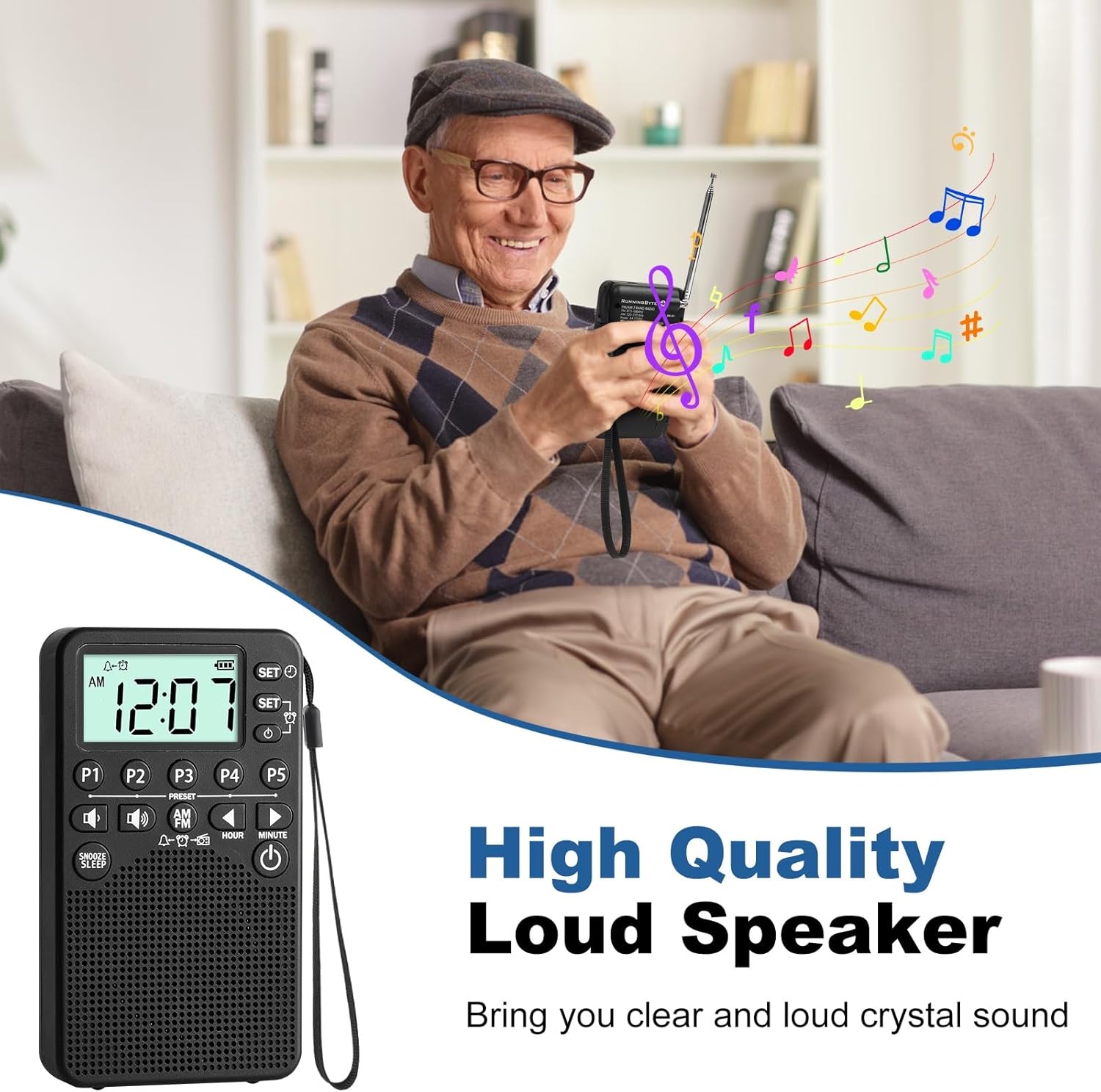 RunningByte Portable AM FM Radio with LCD Screen and Alarm Clock