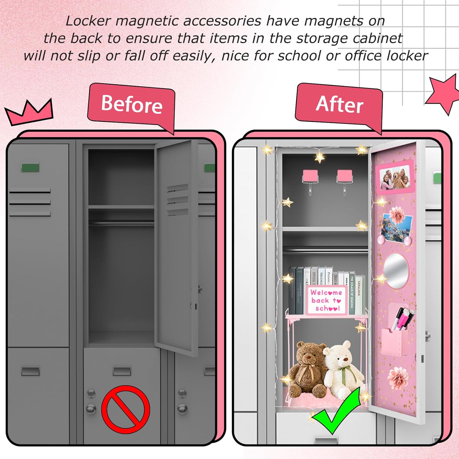 Pink Locker Accessories Set with Magnetic Mirror and Whiteboard