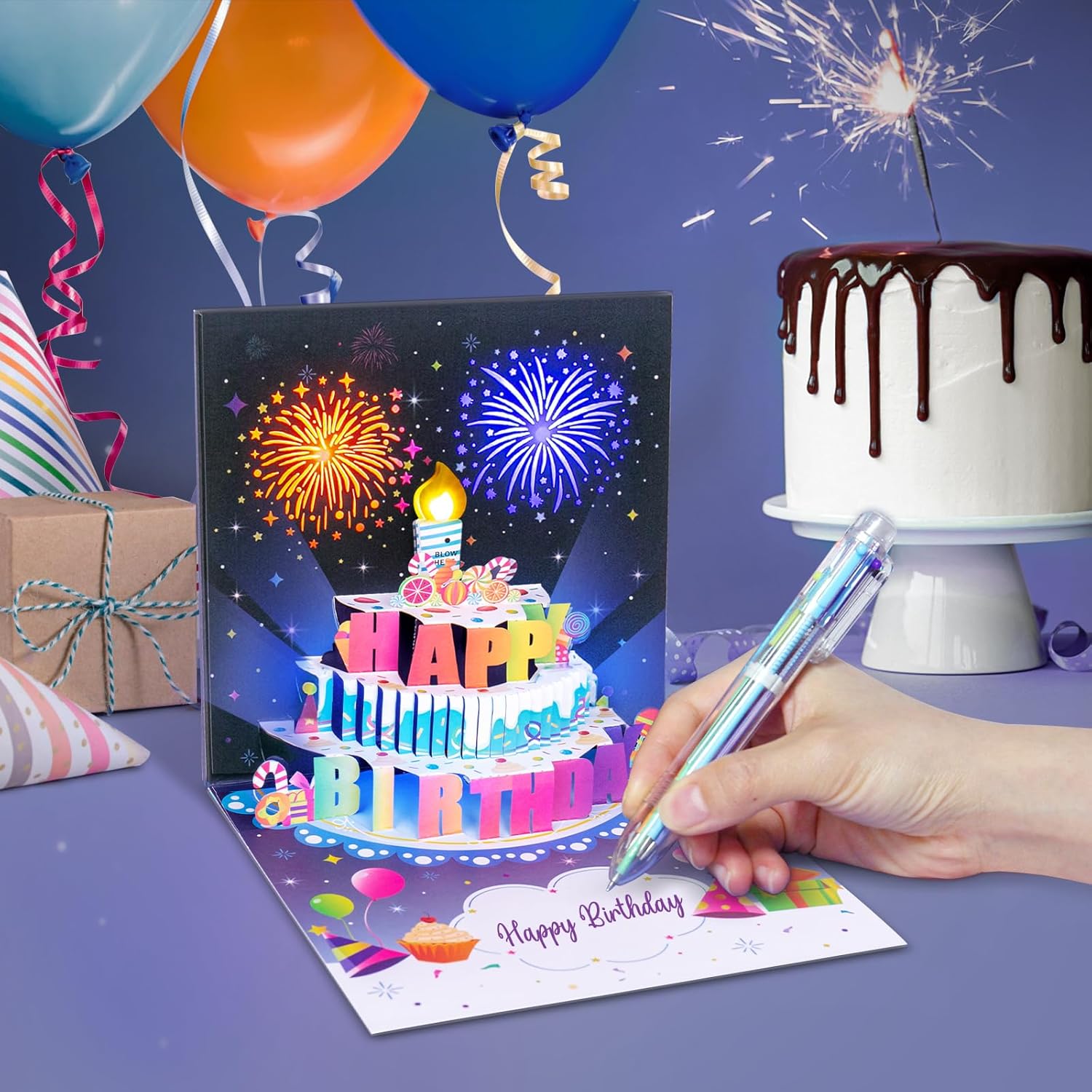 INPHER Birthday Card with Fireworks Pop Up Light Music