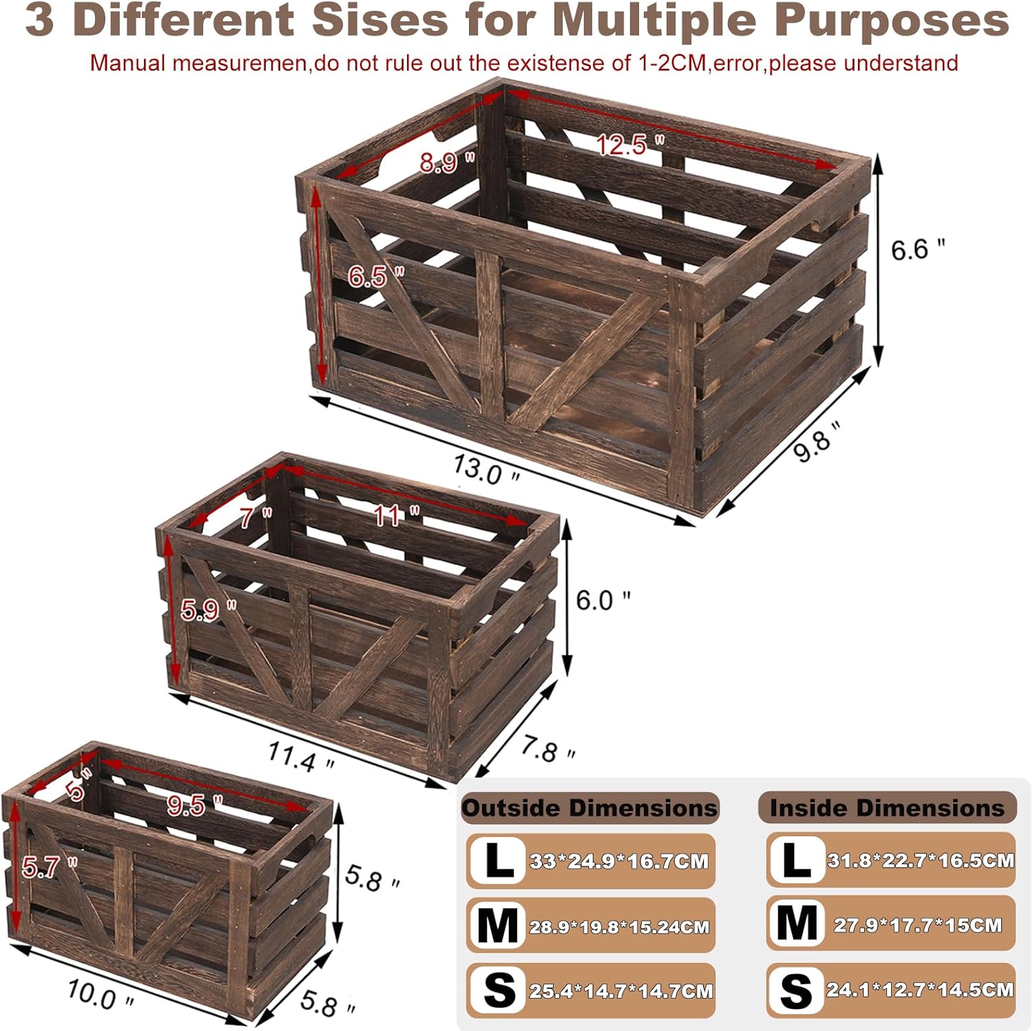 Set of 3 Nested Wooden Storage Crates with Handles