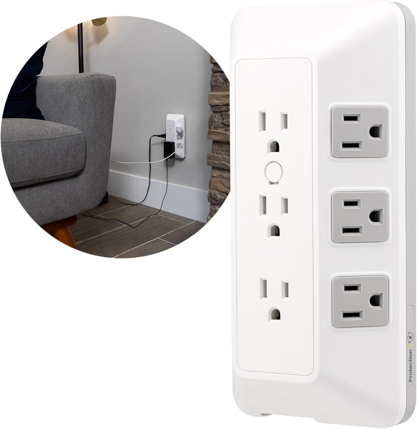 GE 9 Outlet Surge Protector Wall Tap White Gray