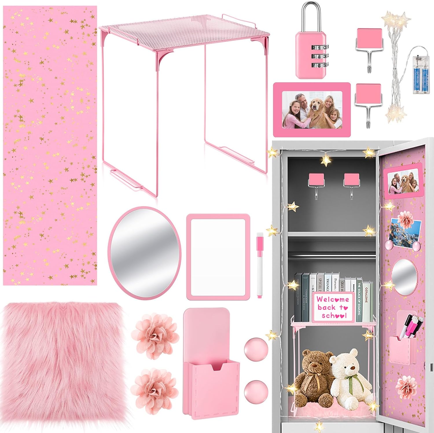 Pink Locker Accessories Set with Magnetic Mirror and Whiteboard