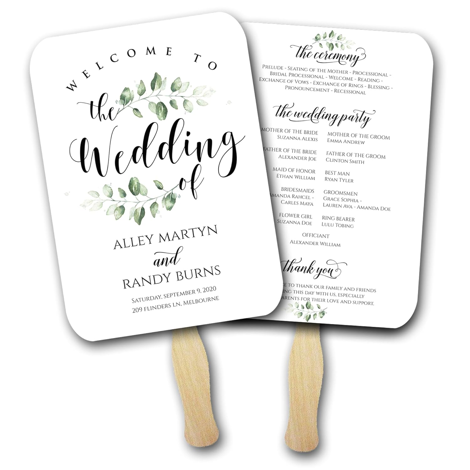 50 Pcs Personalized Wedding Paper Fans With Wooden Handles