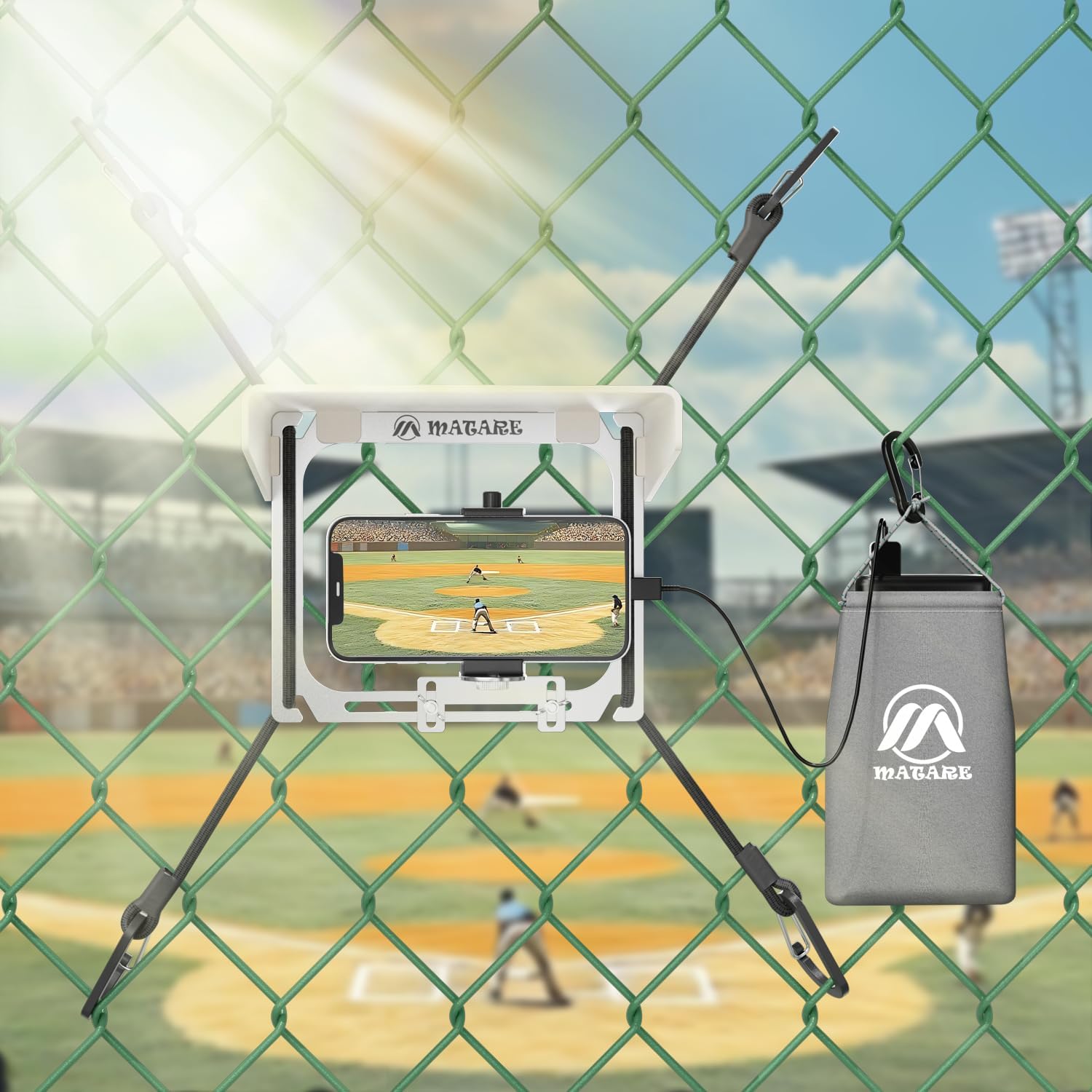 Cell Phone Fence Mount with Shade and Power Bank Bag