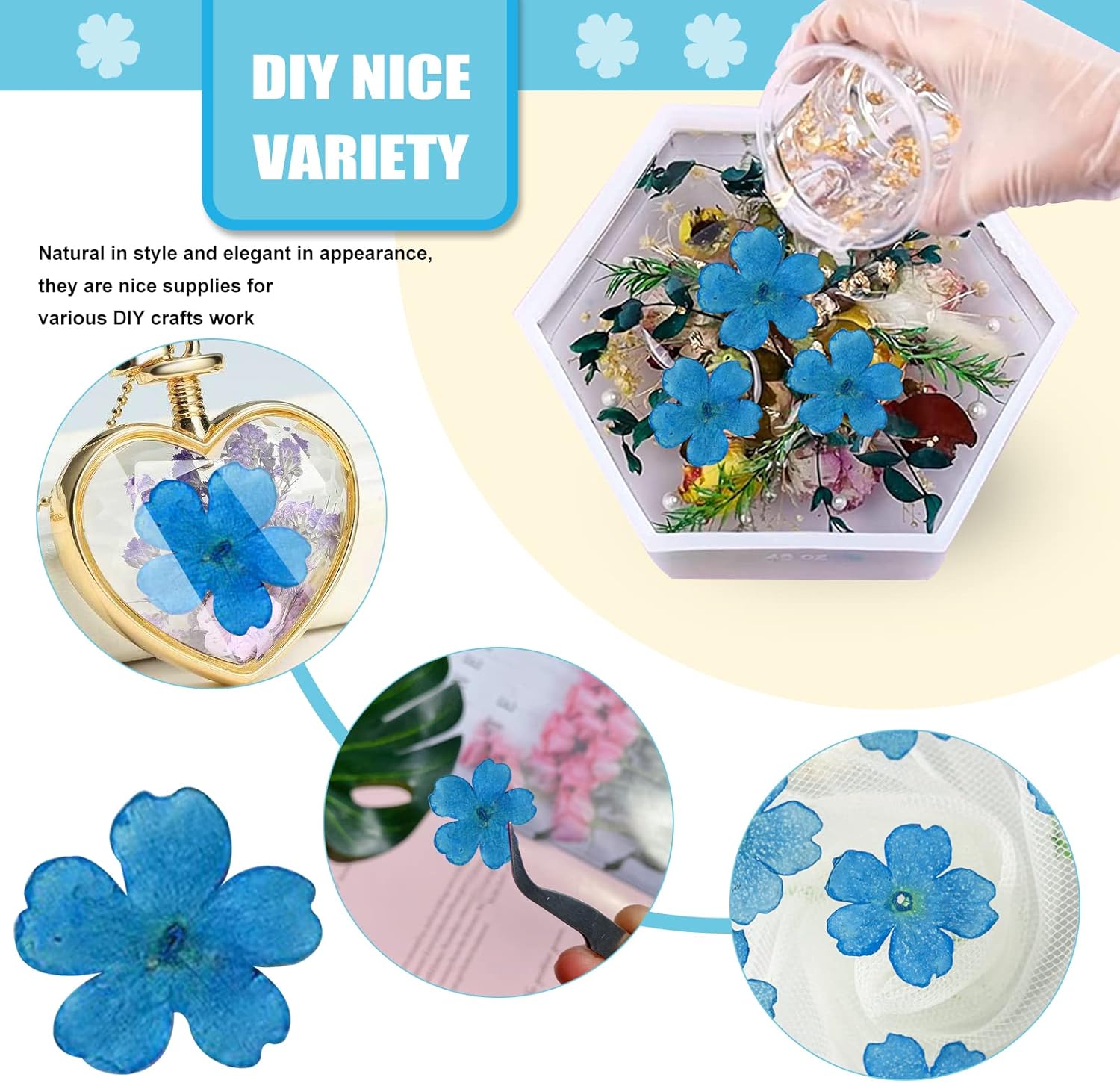 Blue Dried Cherry Blossom Flowers for Resin Decor 60PCS