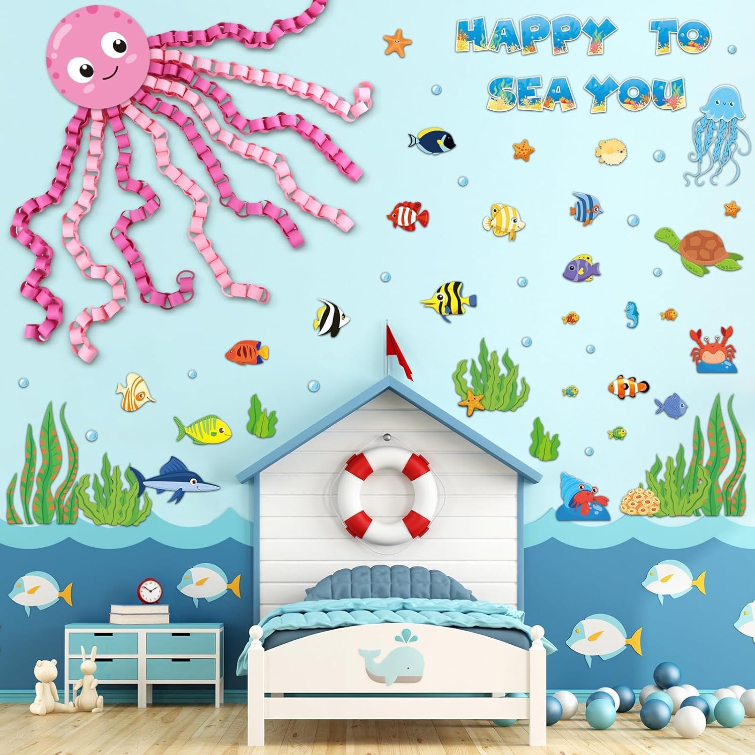 Justforjoyful 93 Pcs Ocean Animal Bulletin Board Decor Set