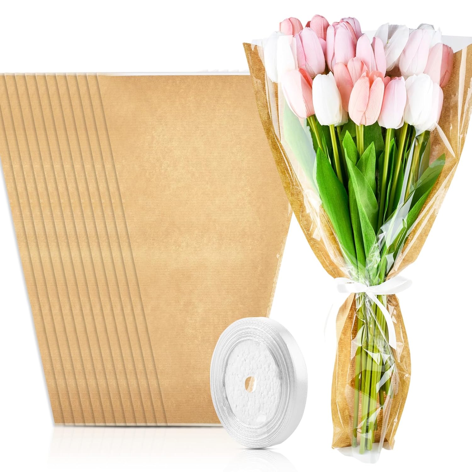 CLUEWR 50PCS Flower Bags with Ribbons for Bouquets