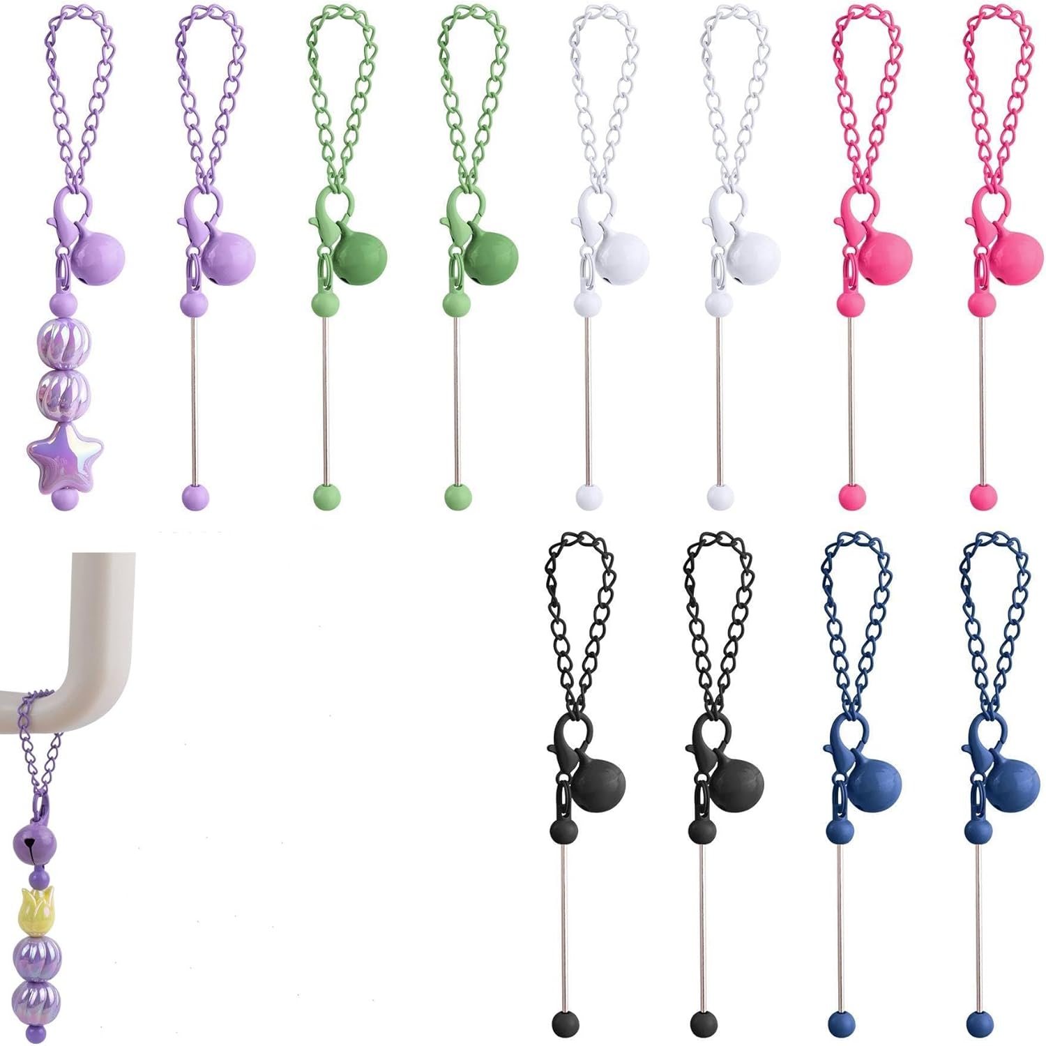 Framendino Beaded Cup Charms Bar Chain with Bell for DIY