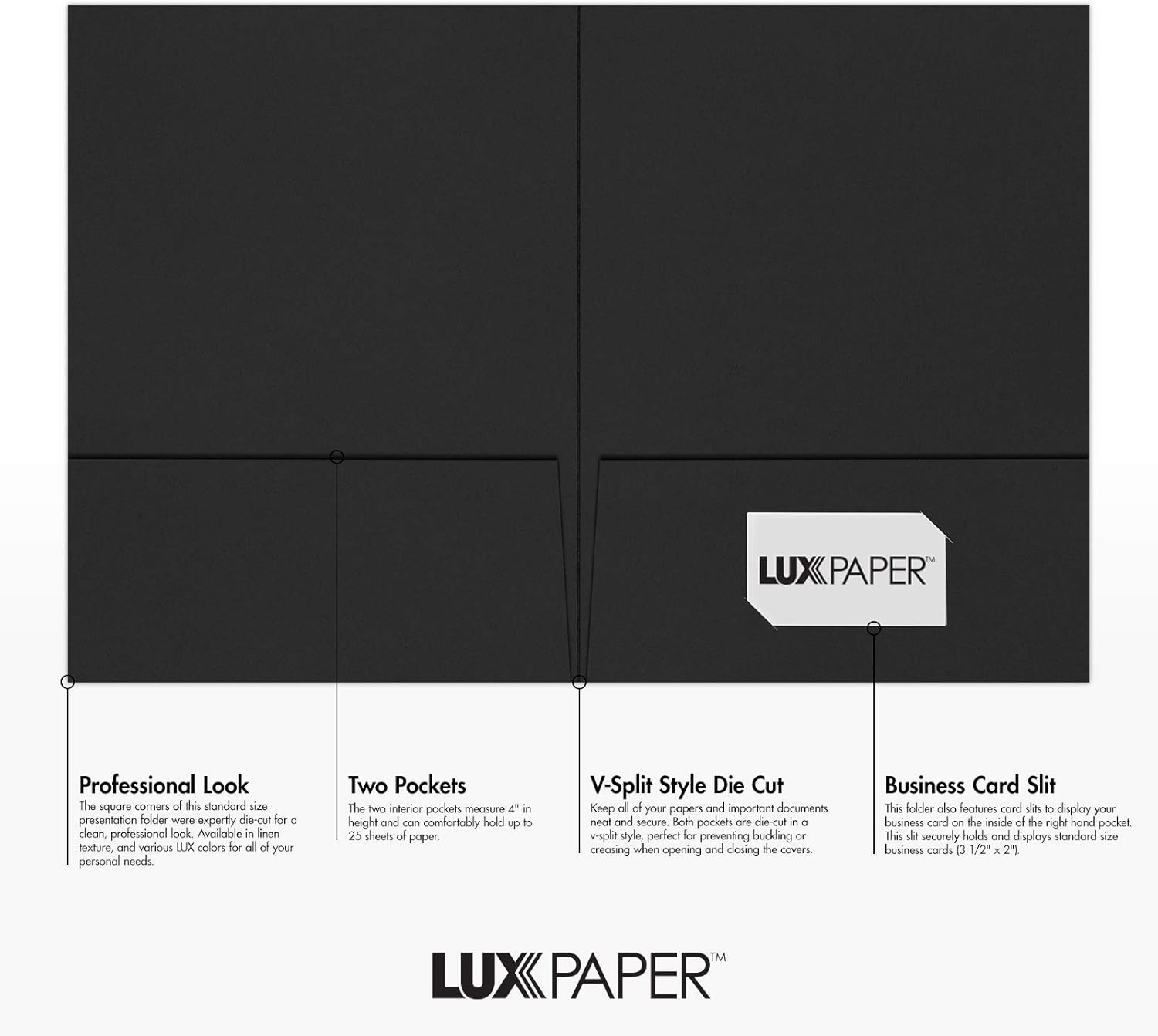 LUXPaper 9 x 12 Inch Project Folders Two Pocket Midnight Black 100lb