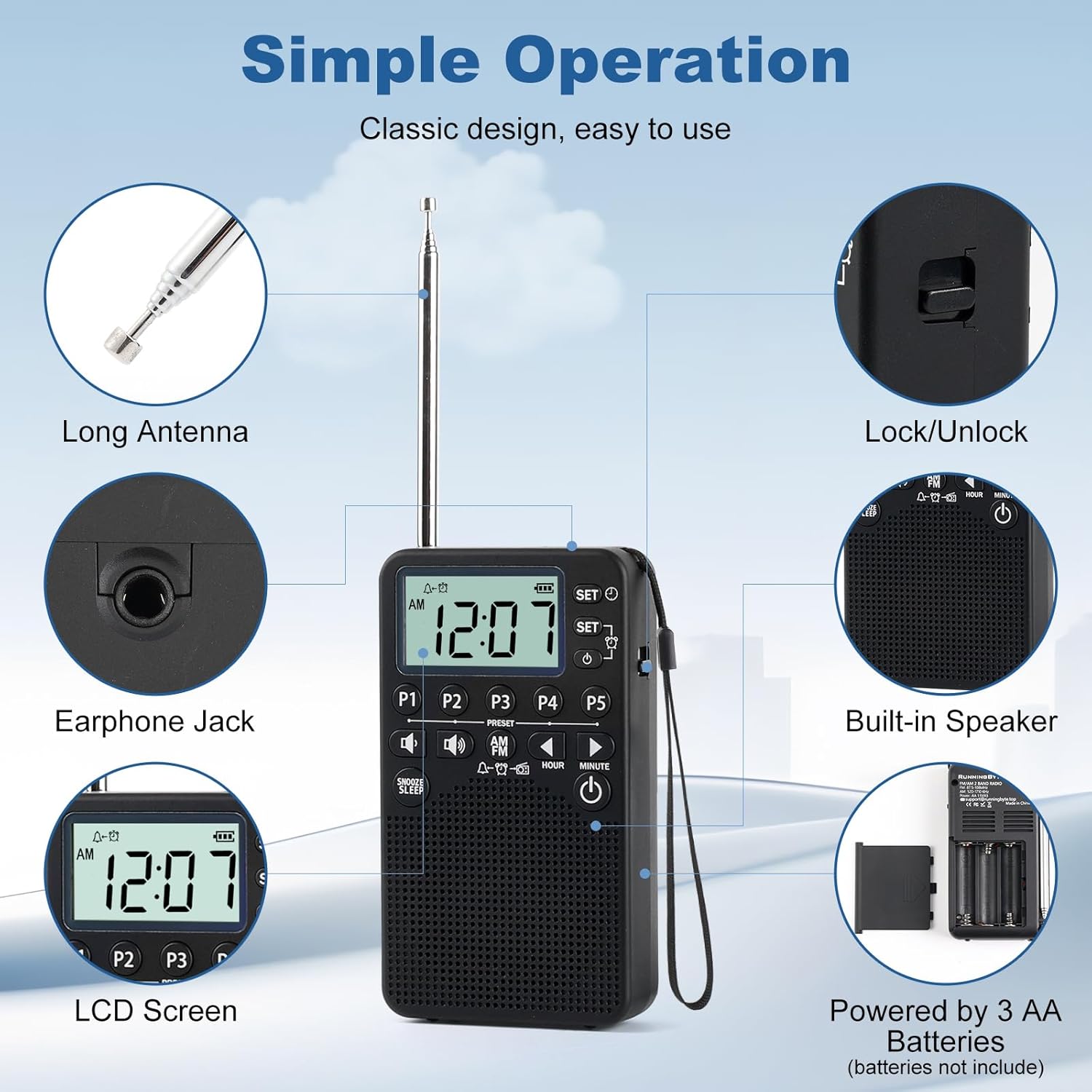RunningByte Portable AM FM Radio with LCD Screen and Alarm Clock