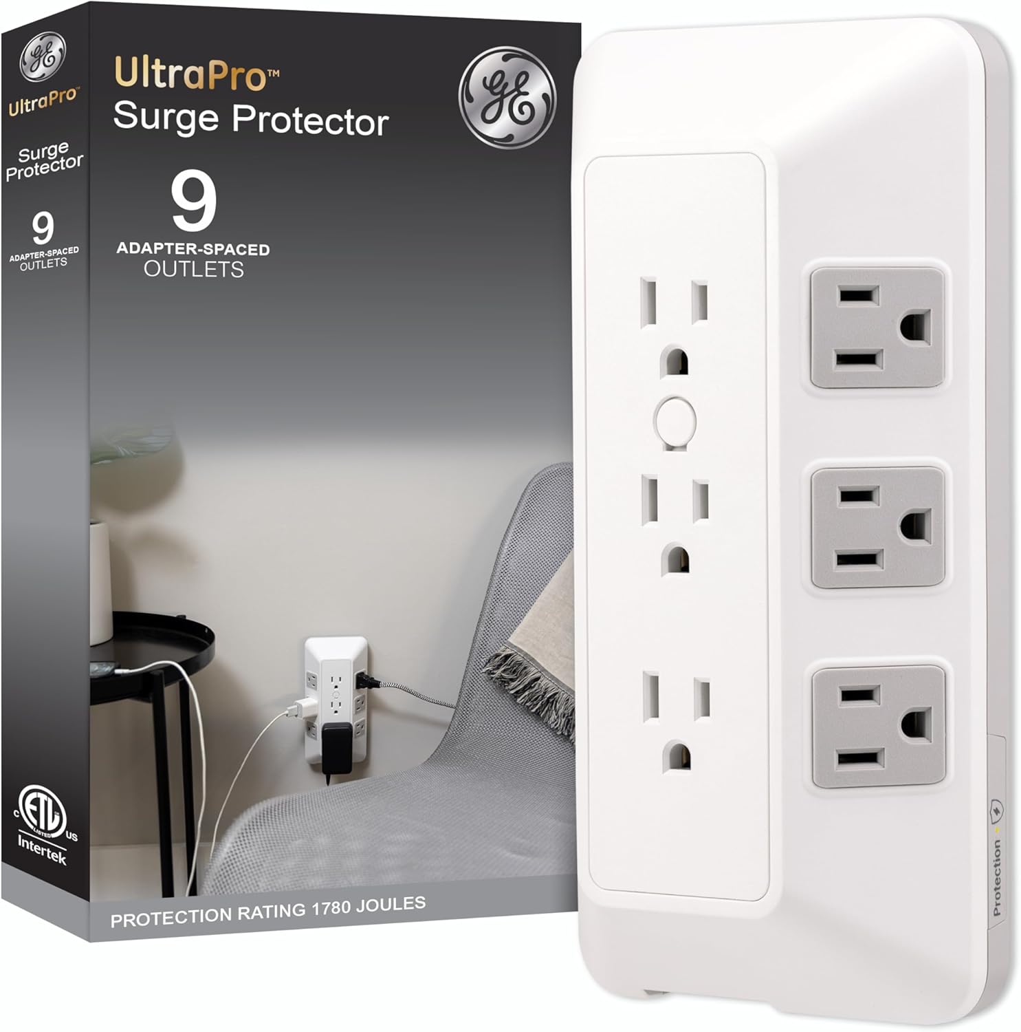 GE 9 Outlet Surge Protector Wall Tap White Gray