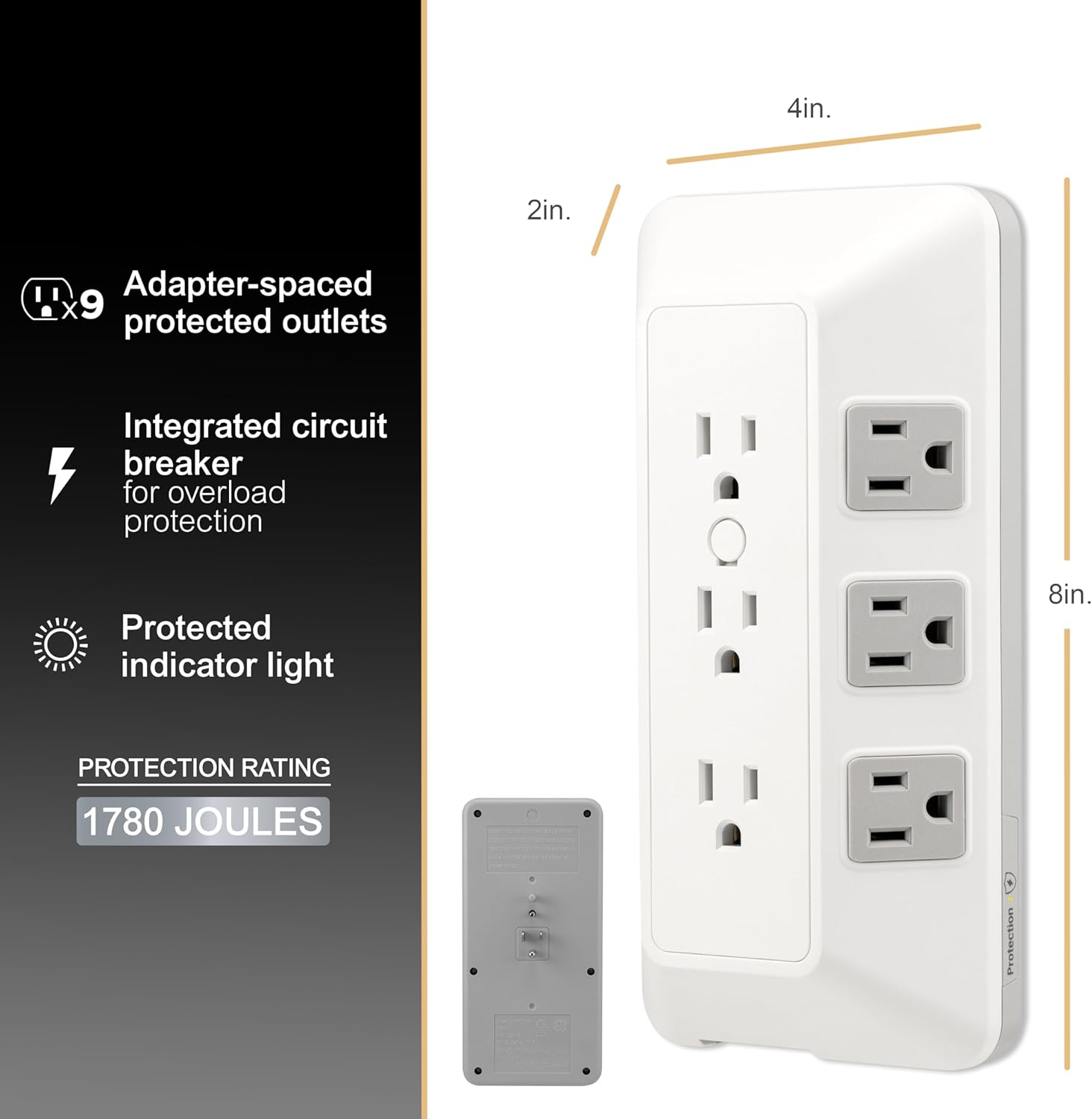 GE 9 Outlet Surge Protector Wall Tap White Gray