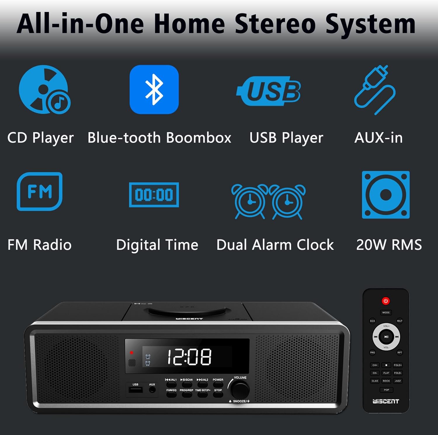WISCENT Compact Stereo System with CD Player and Bluetooth