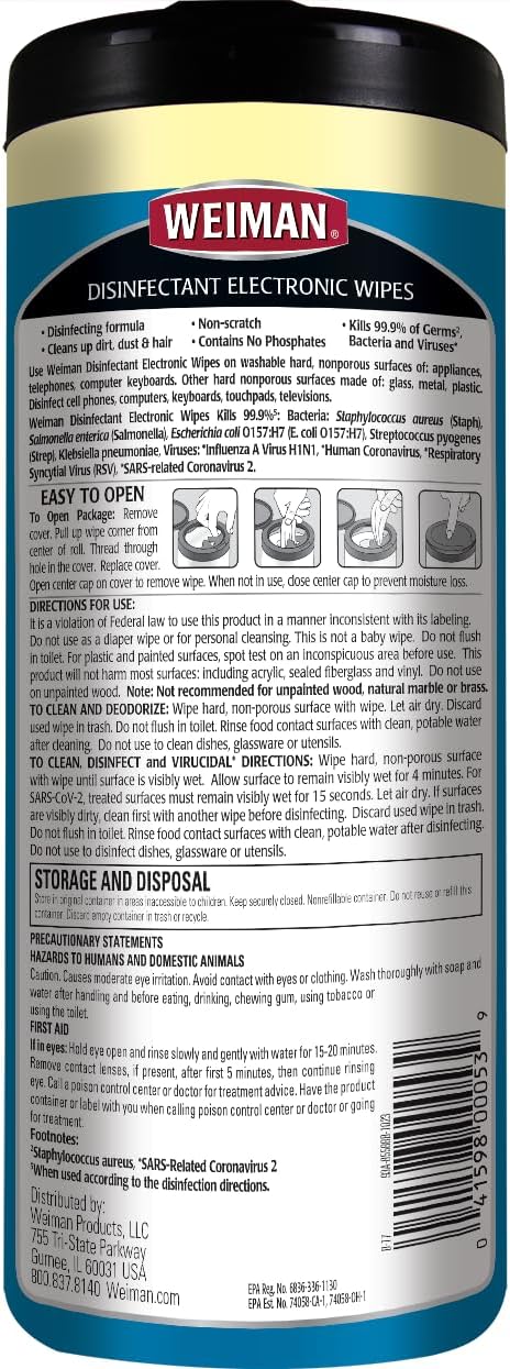 Weiman Disinfecting Electronic Wipes 30 Pack