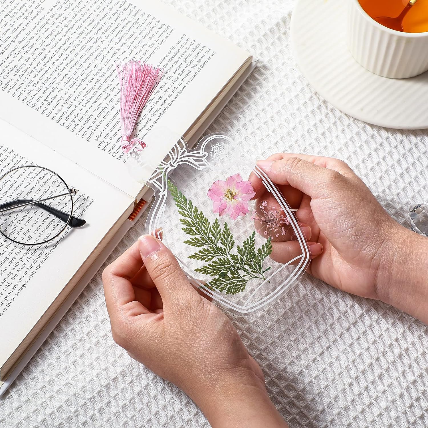 TaoBary 91 Pcs Transparent Dried Flower Bookmark Set with Butterflies Tassels and Tweezer