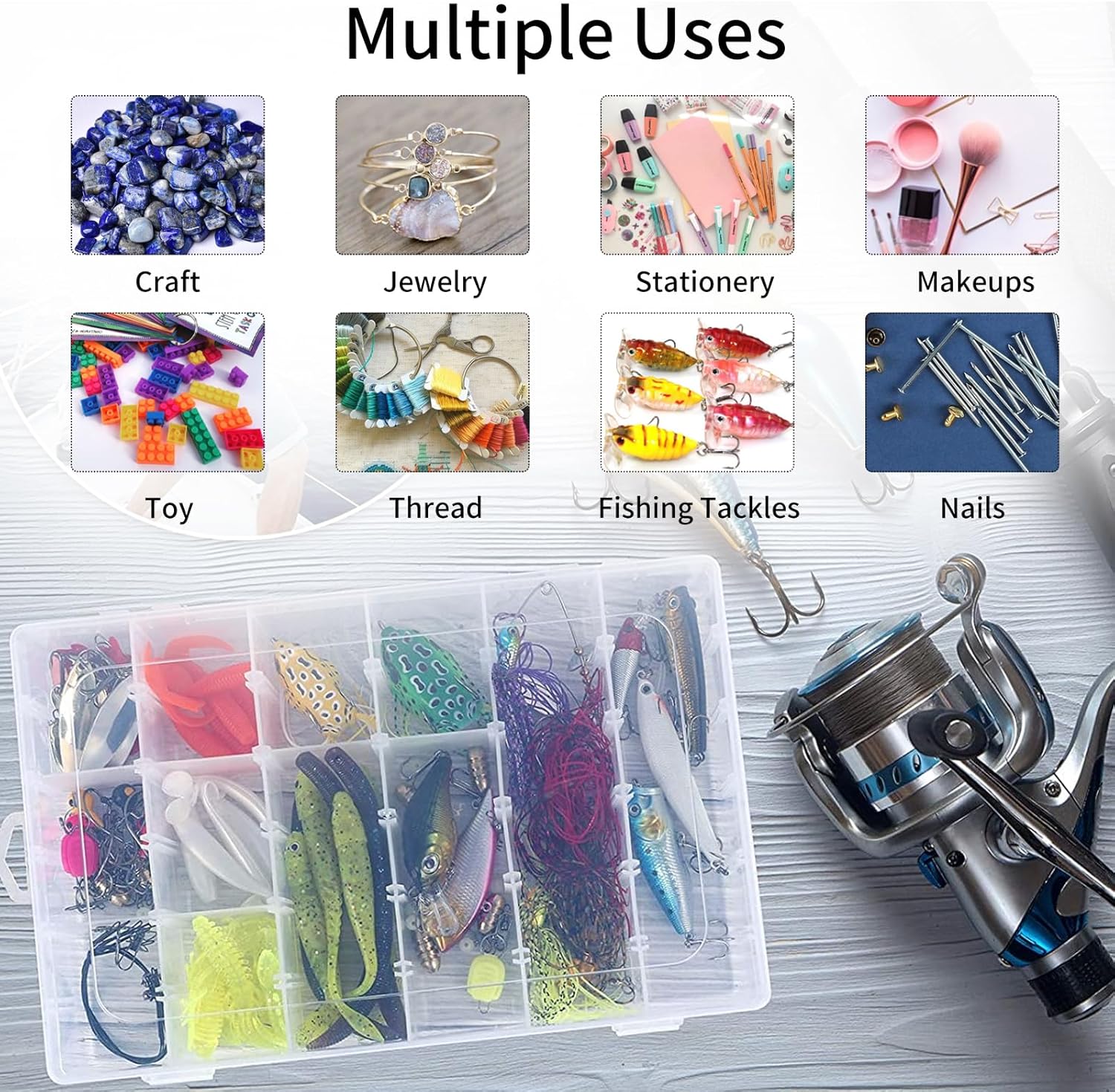 OUTUXED 2 Pack Clear Plastic Bead Organizer Box with Adjustable Dividers