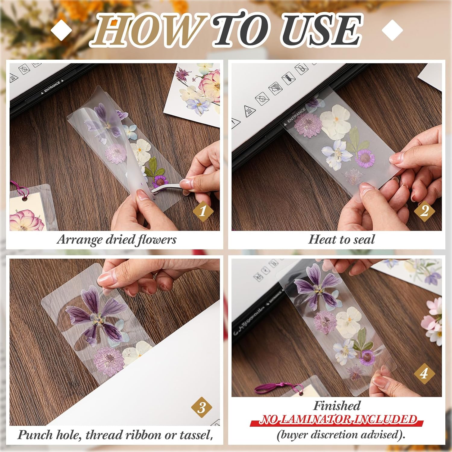 150 Pcs Dried Flower Bookmark Kit with Tassels and Laminating Pouches Purple