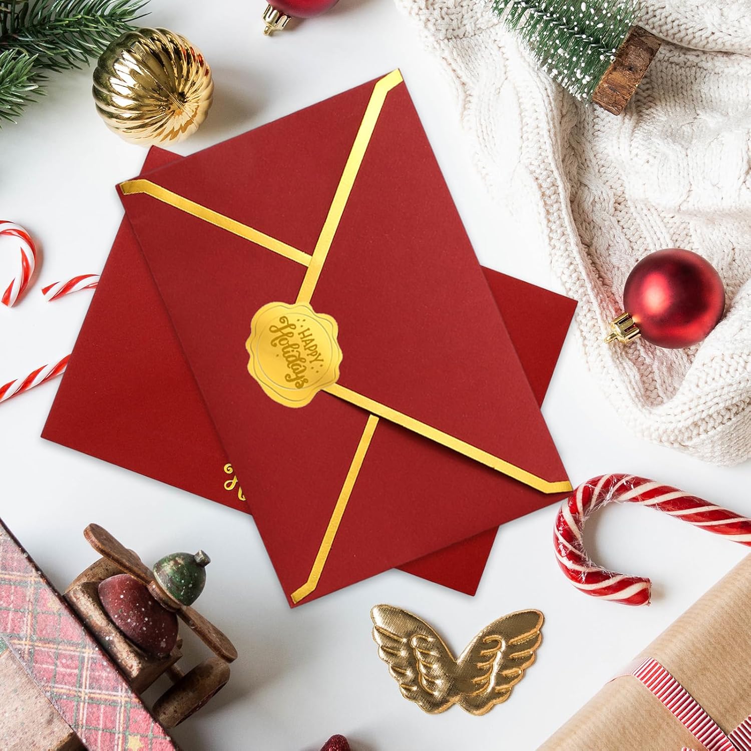 Whaline 50Pcs Gold Foil Christmas Envelopes with Stickers