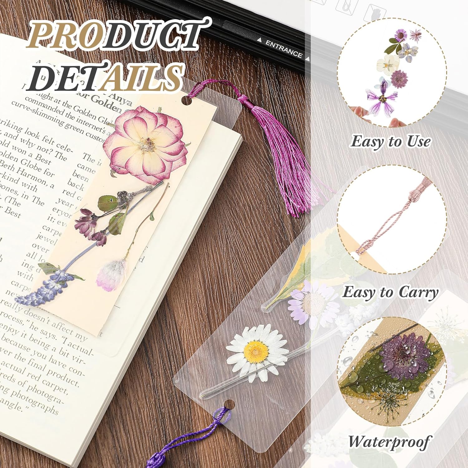 150 Pcs Dried Flower Bookmark Kit with Tassels and Laminating Pouches Purple