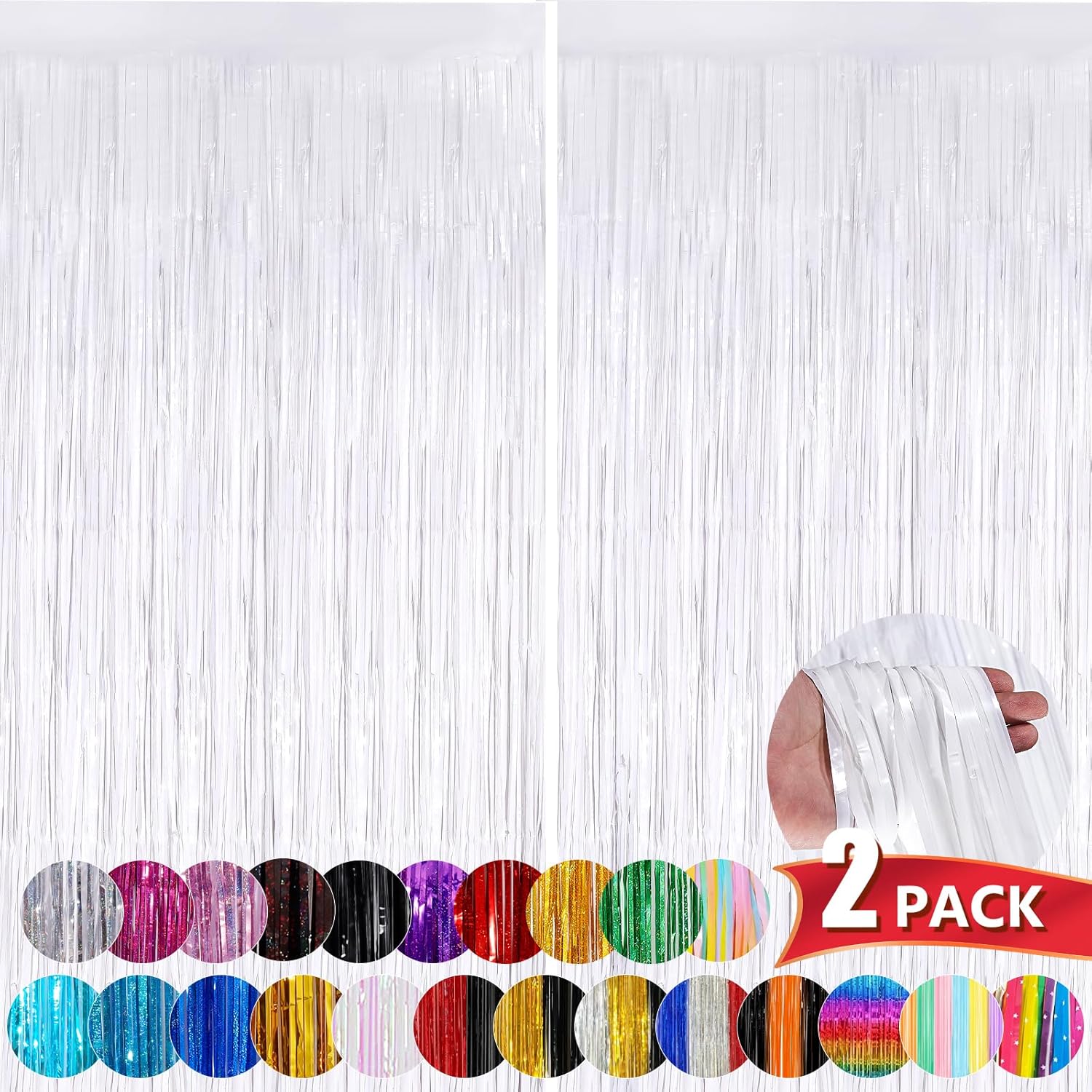 White Metallic Tinsel Foil Fringe Curtains 2 Pack