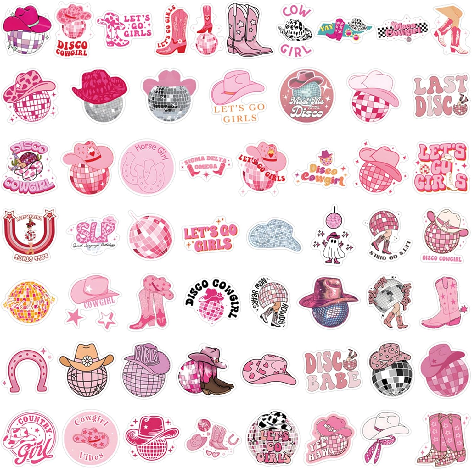 55pcs Pink Cowgirl Decals - Waterproof Stickers for Water Bottle and Laptop