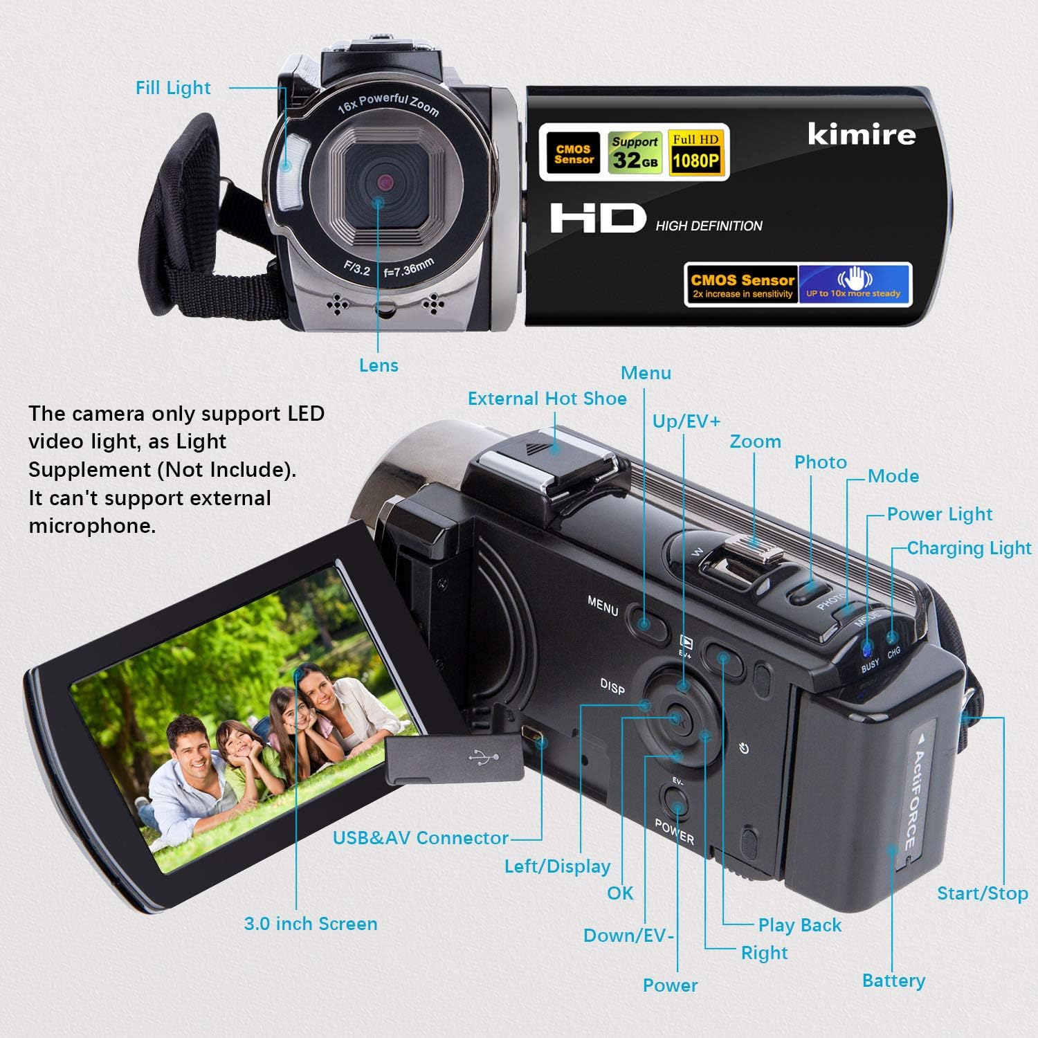 Kimire Full HD 1080P Camcorder with 2 Batteries
