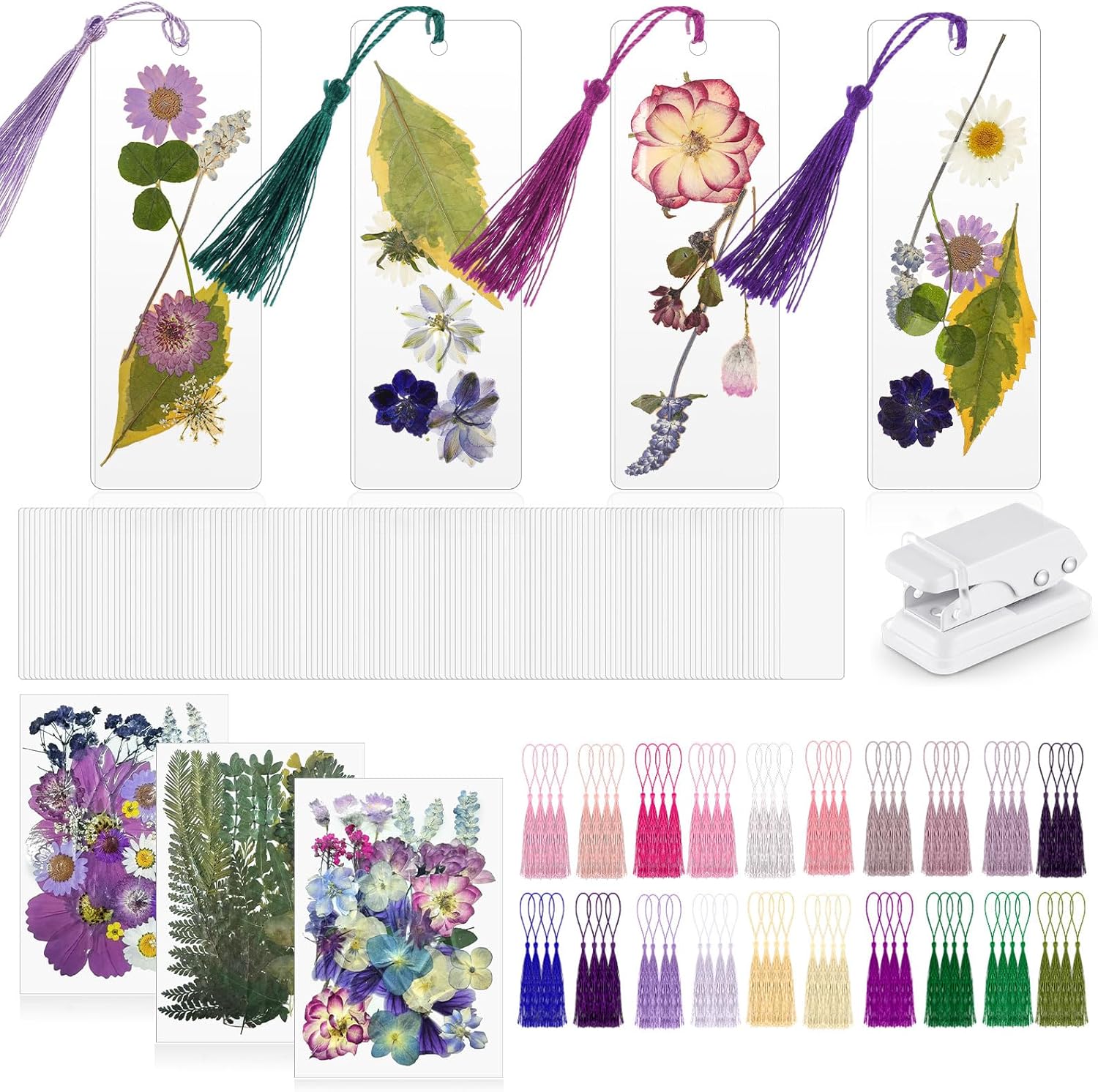 150 Pcs Dried Flower Bookmark Kit with Tassels and Laminating Pouches Purple