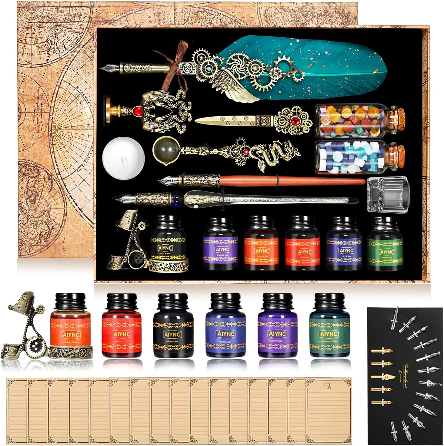AIYNC Feather Ink Set with Quill Pen and 6 Ink Bottles