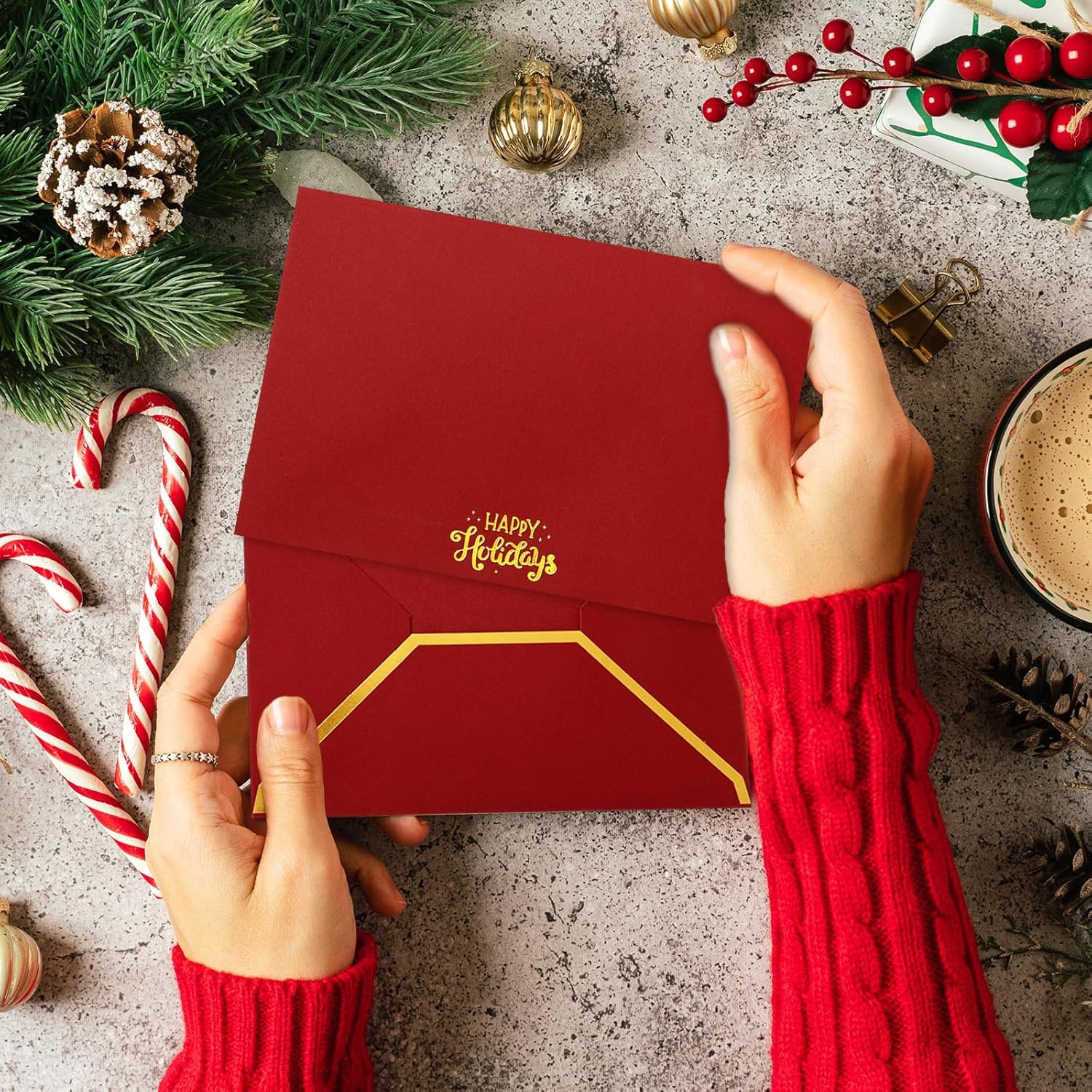 Whaline 50Pcs Gold Foil Christmas Envelopes with Stickers