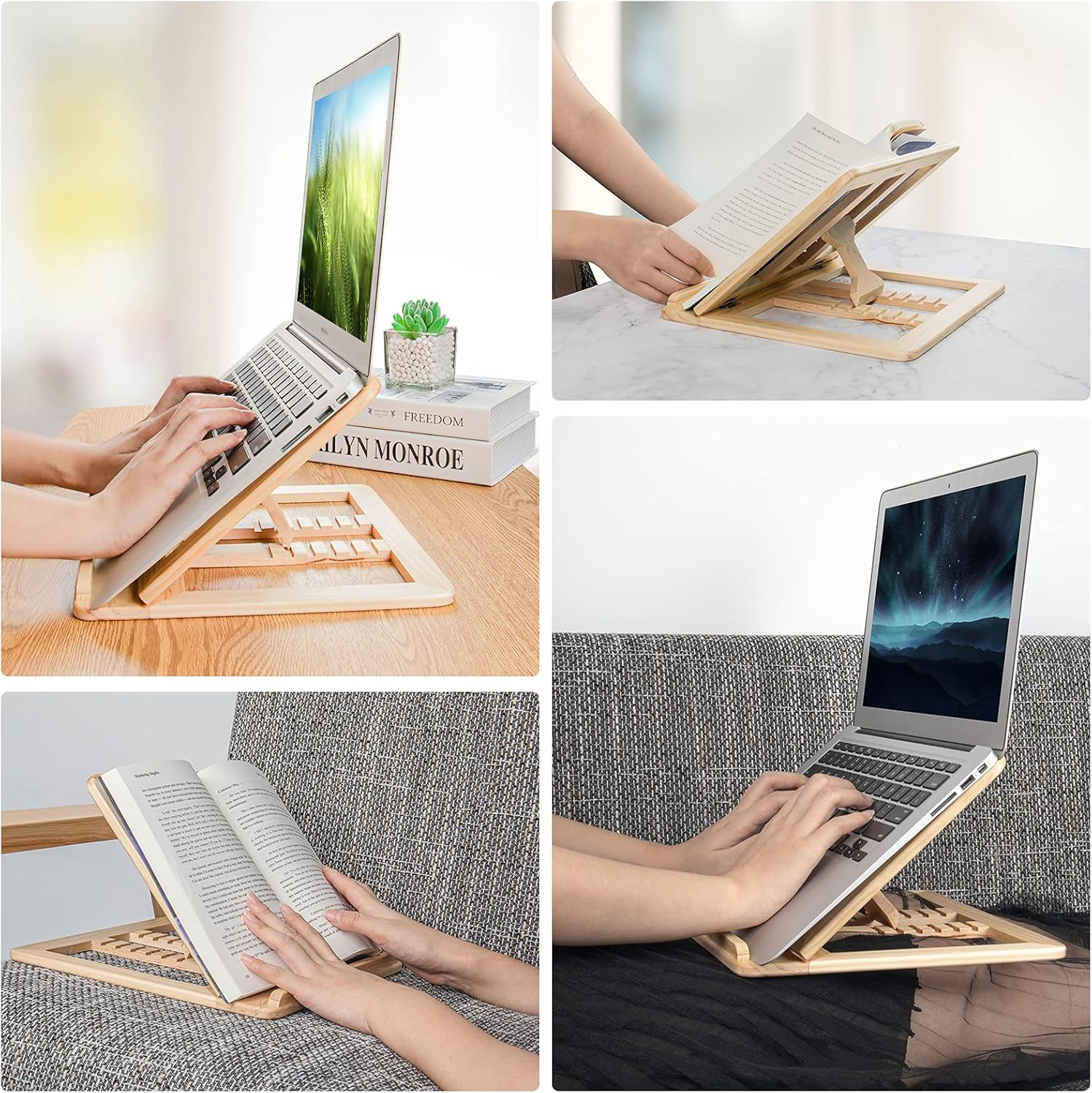 Wooden Laptop Stand with Phone Holder Foldable and Adjustable