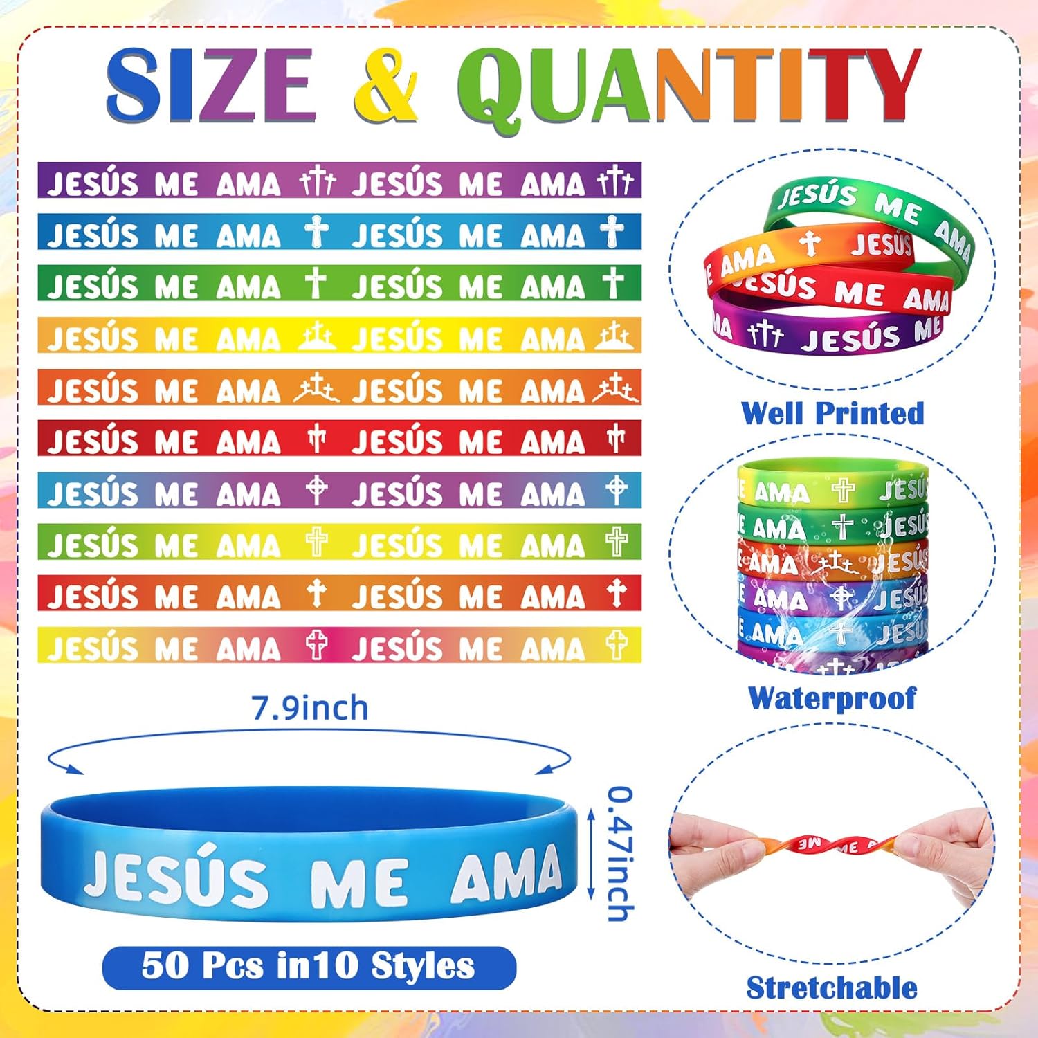 50 Pcs Rainbow Jesus Me Ama Silicone Wristbands