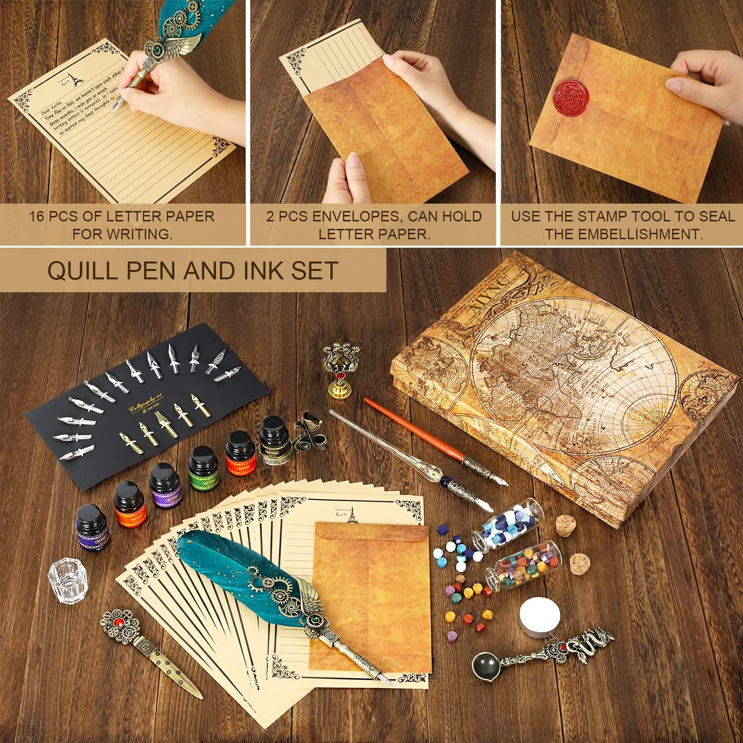 AIYNC Feather Ink Set with Quill Pen and 6 Ink Bottles