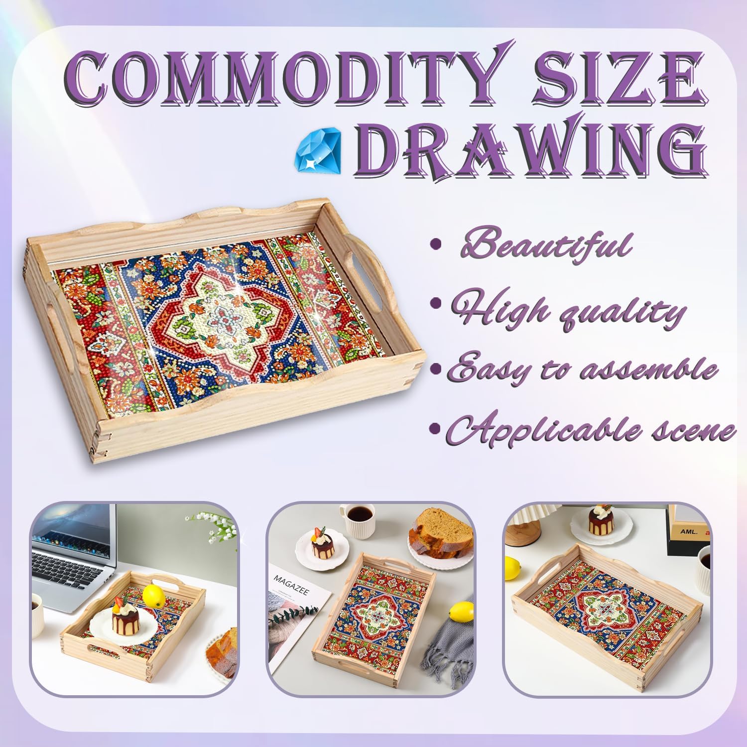 Diamond Art Kit for Adult Wooden Serving Tray with Handles 78x118 Inches