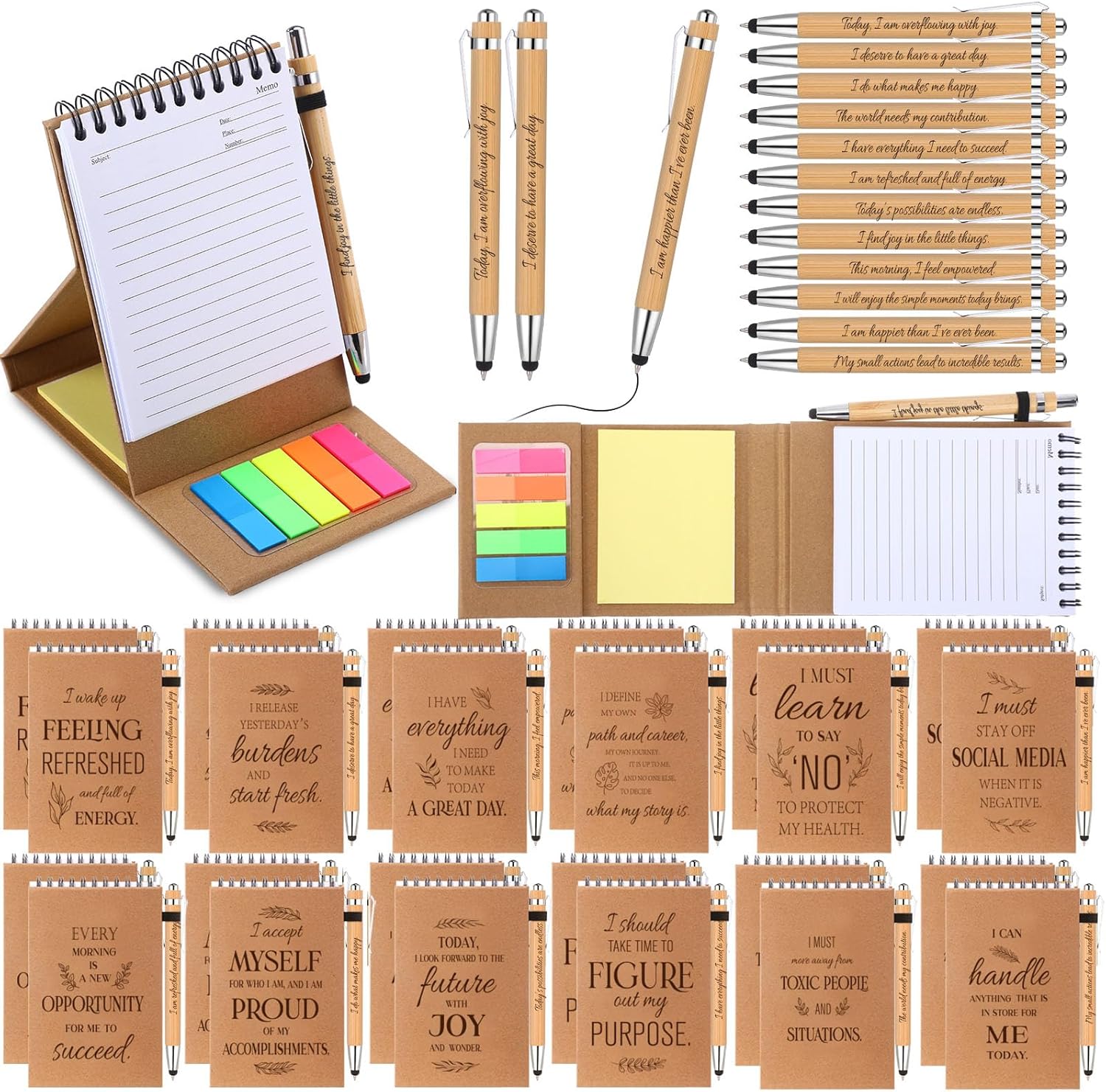 Pasimy 24 Set Positive Affirmation Spiral Notebooks with Sticky Notes and Bamboo Pens