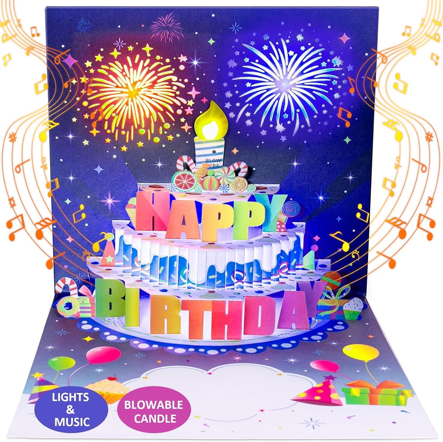 INPHER Birthday Card with Fireworks Pop Up Light Music