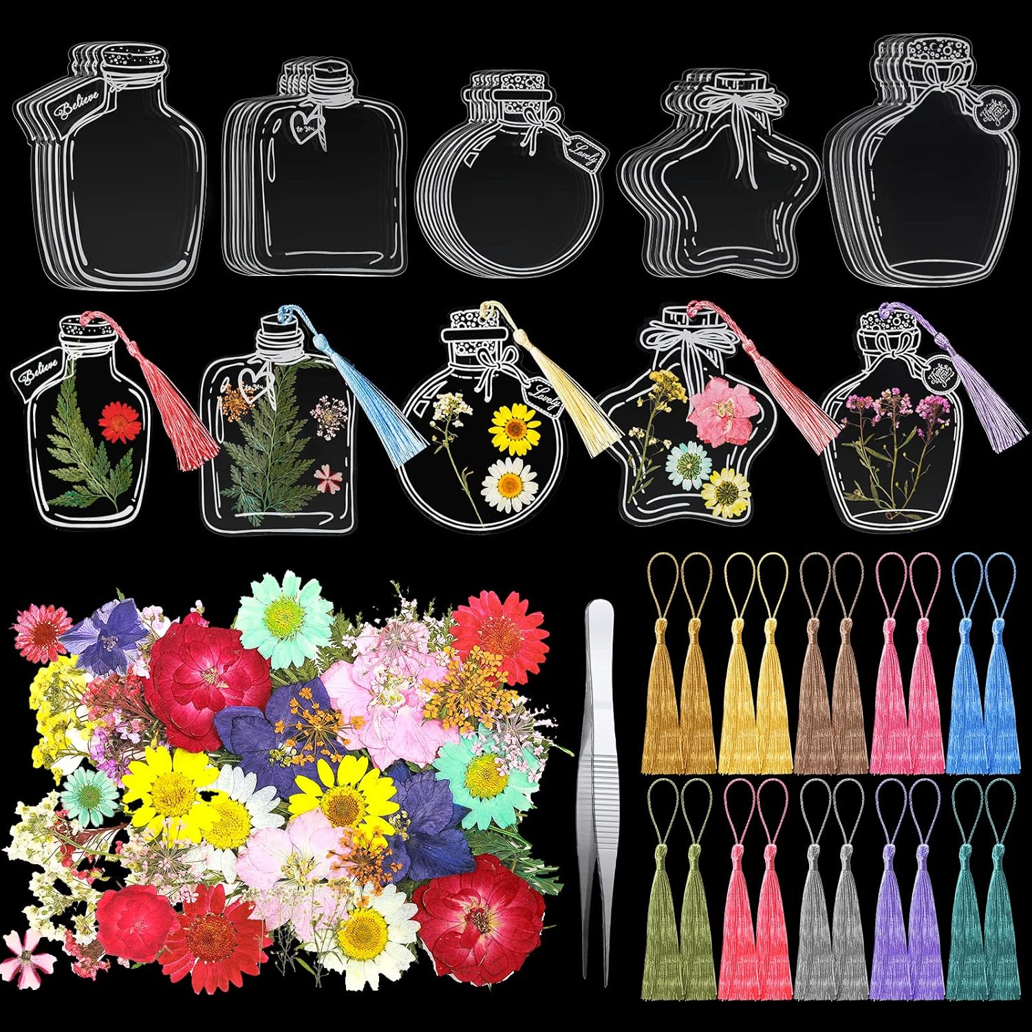 TaoBary 91 Pcs Transparent Dried Flower Bookmark Set with Butterflies Tassels and Tweezer