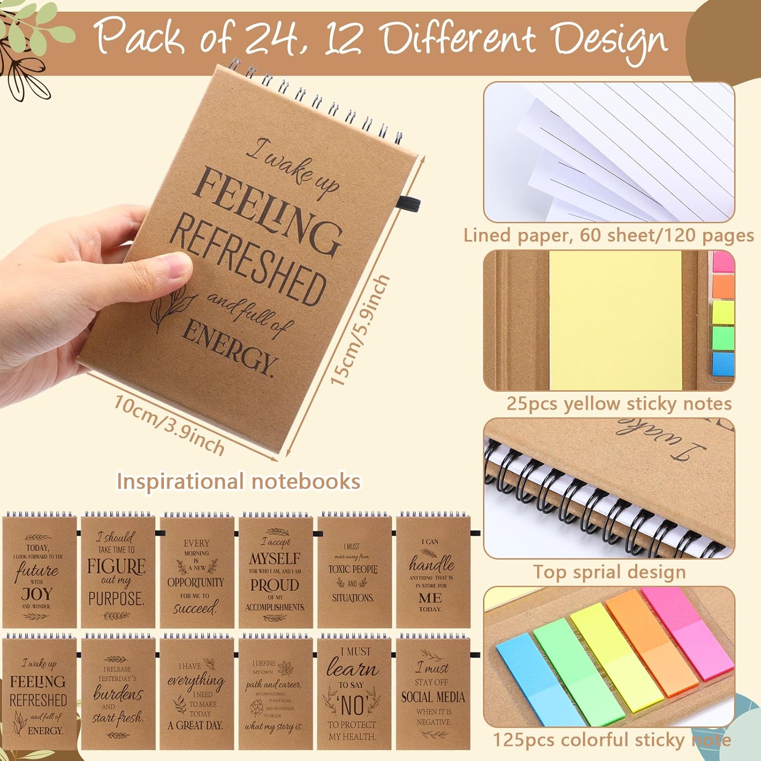 Pasimy 24 Set Positive Affirmation Spiral Notebooks with Sticky Notes and Bamboo Pens
