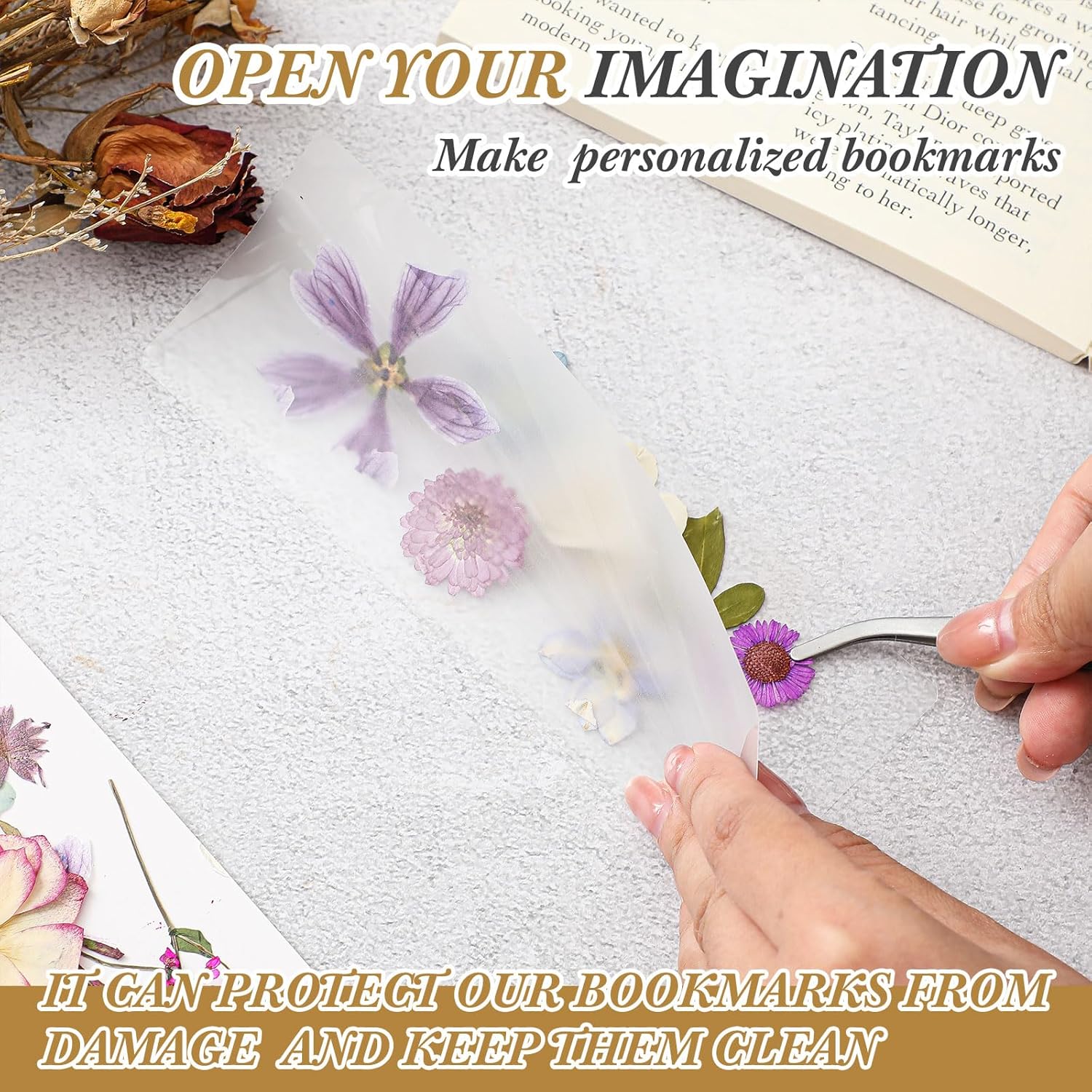 150 Pcs Dried Flower Bookmark Kit with Tassels and Laminating Pouches Purple
