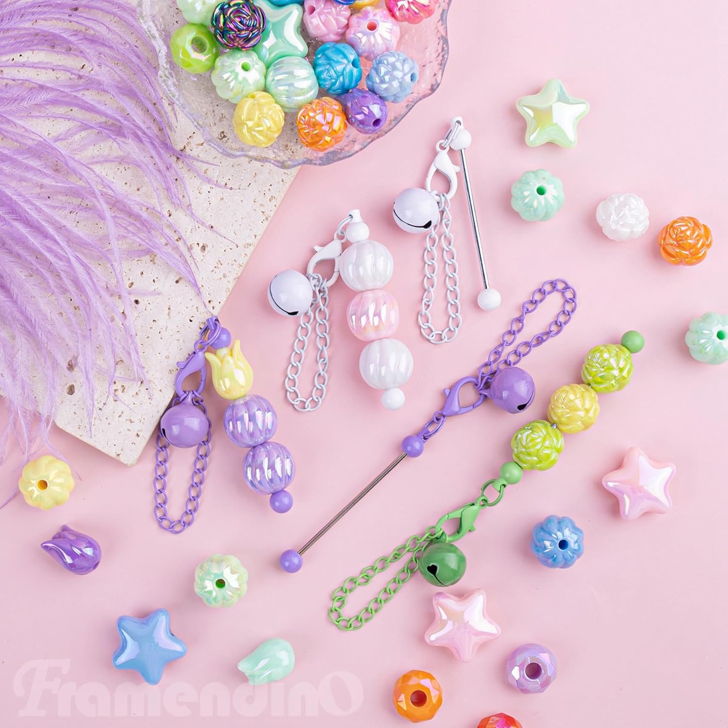 Framendino Beaded Cup Charms Bar Chain with Bell for DIY
