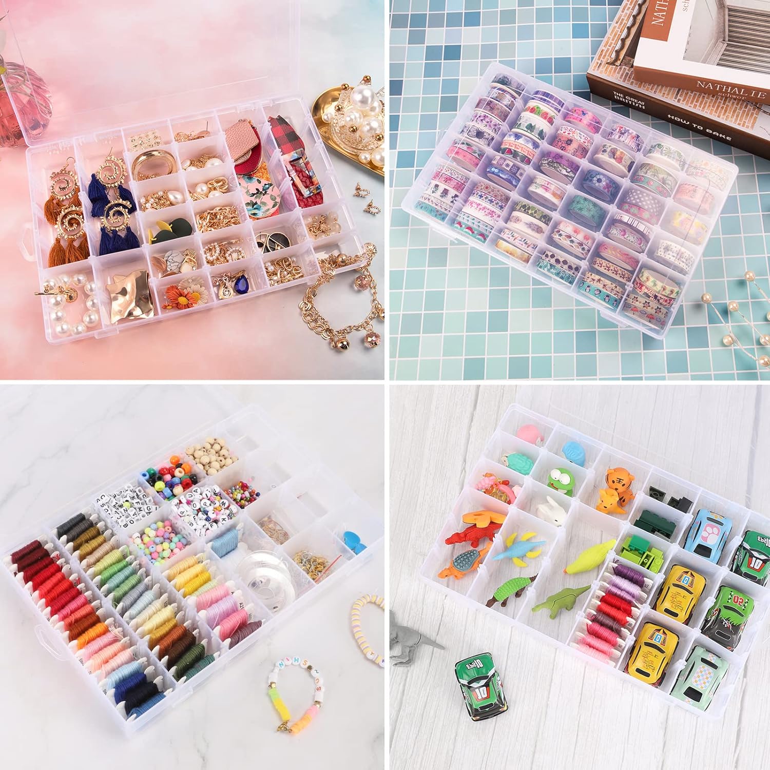 OUTUXED 2 Pack Clear Plastic Bead Organizer Box with Adjustable Dividers