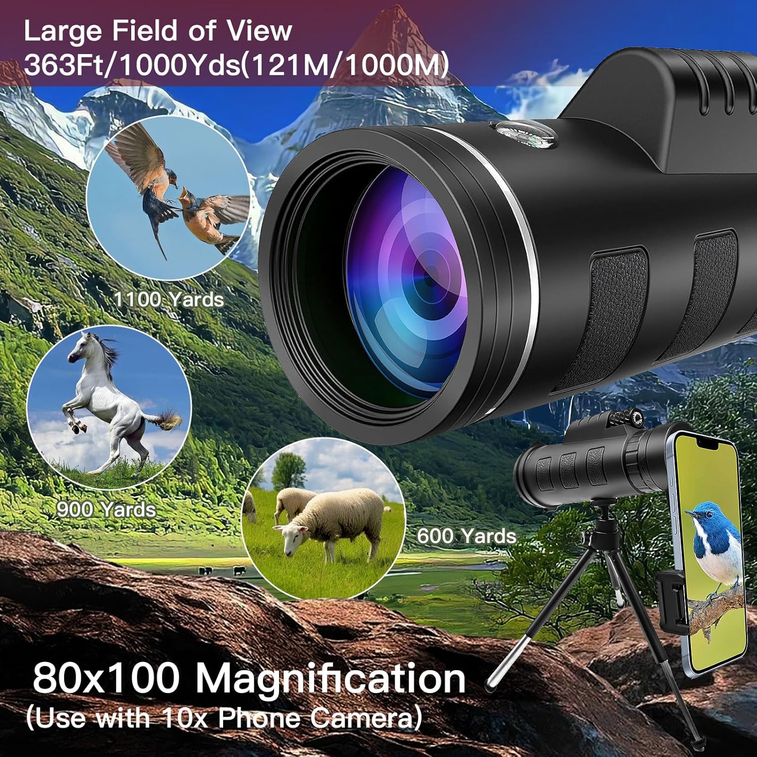 YATIME 80x100 HD High Power Monocular with Smartphone Adapter and Tripod