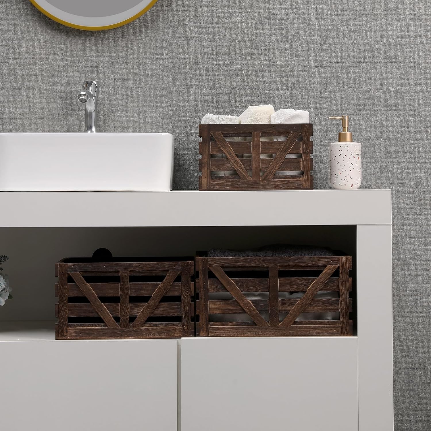 Set of 3 Nested Wooden Storage Crates with Handles