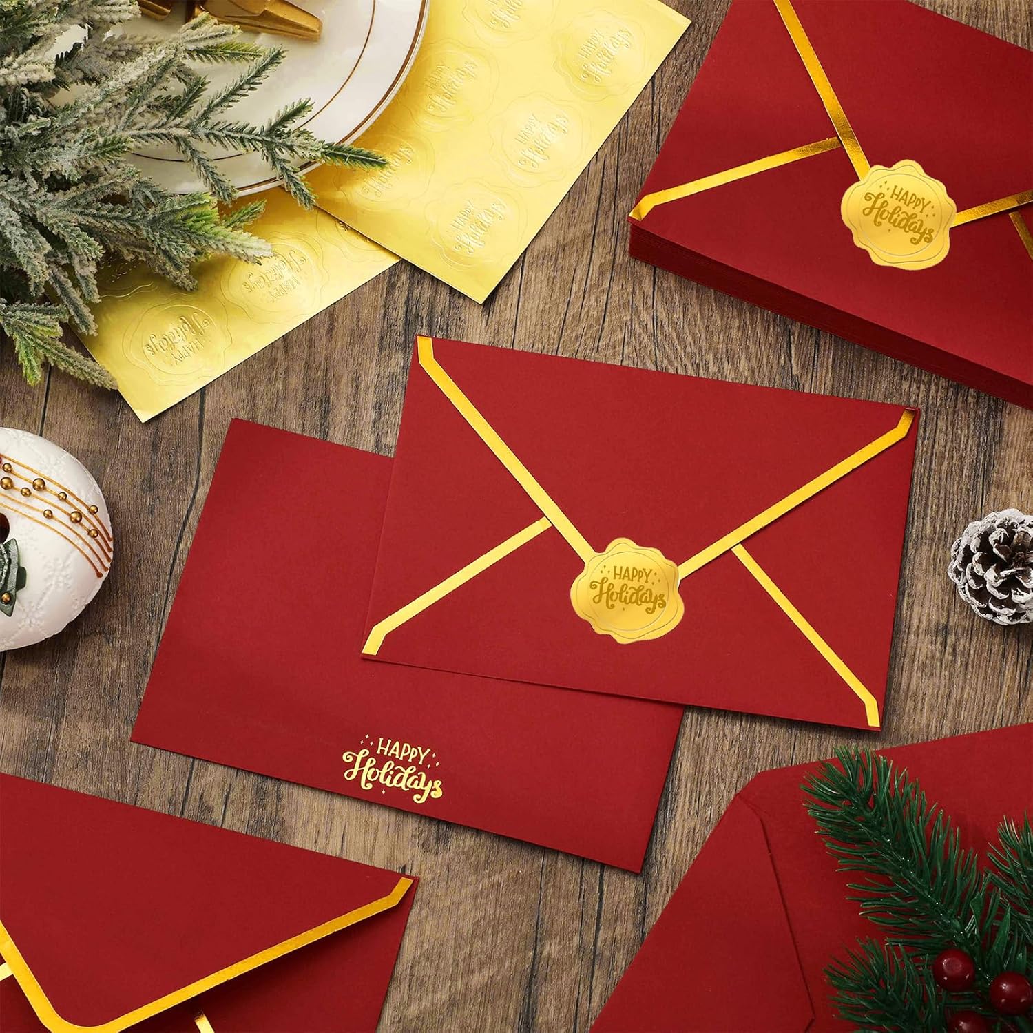 Whaline 50Pcs Gold Foil Christmas Envelopes with Stickers