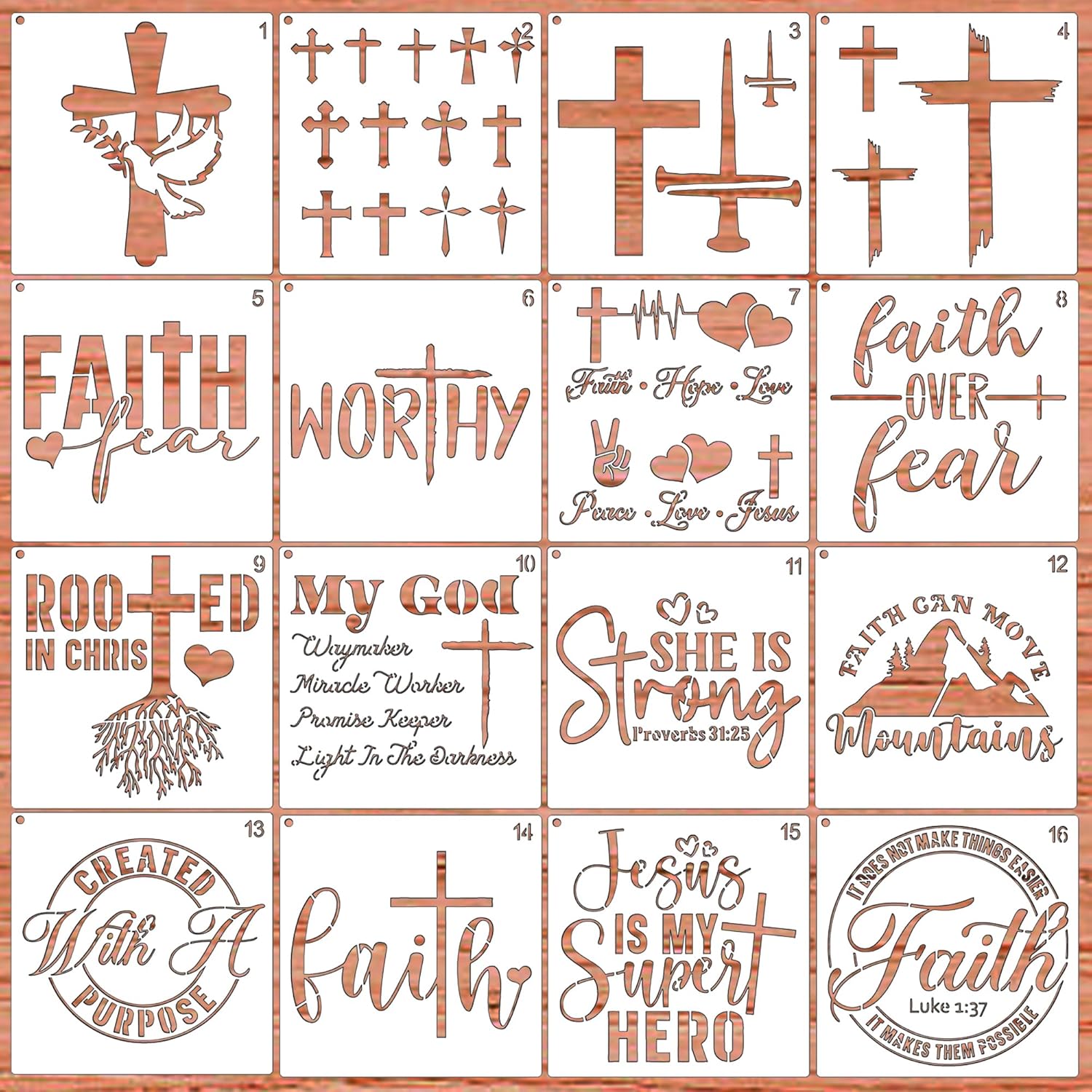 16 Piece Christian Stencils for Painting - Reusable Bible Verse Cross Faith Stencils Set