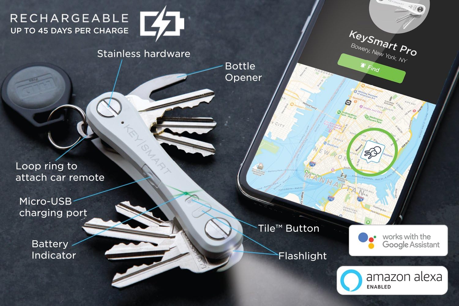 KeySmart Pro - Key Holder with LED Flashlight and Tile Bluetooth