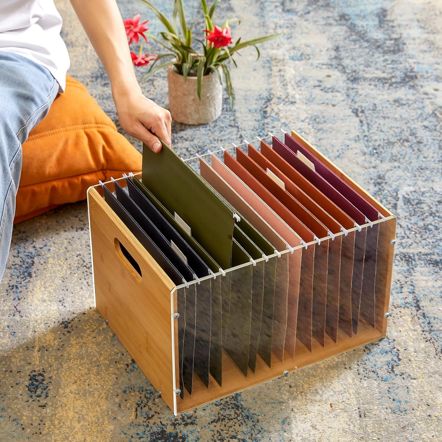 Bamboo Acrylic File Box Organizer with Handle